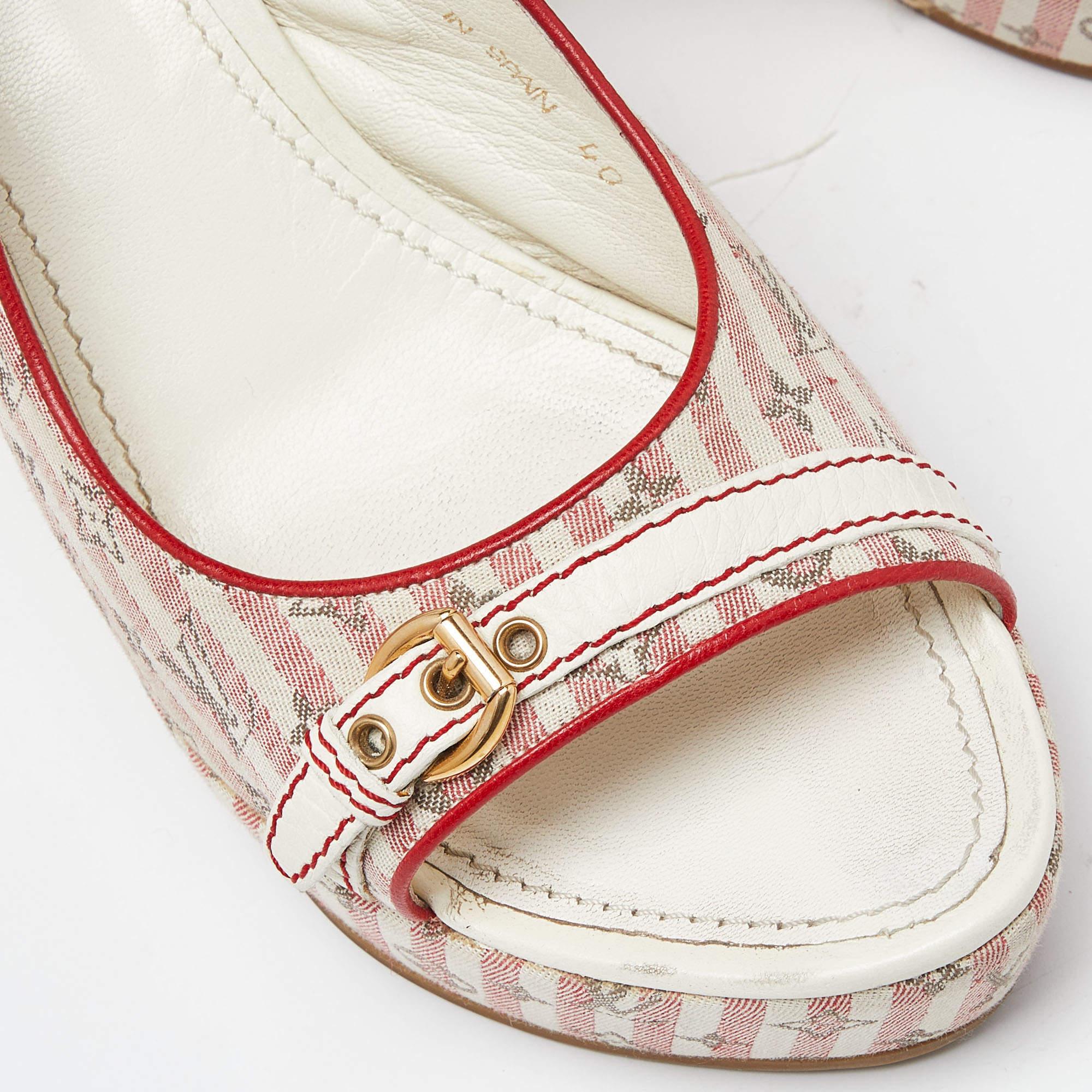 Louis Vuitton White/Red Canvas Wedge Sandals Size 40 For Sale 3