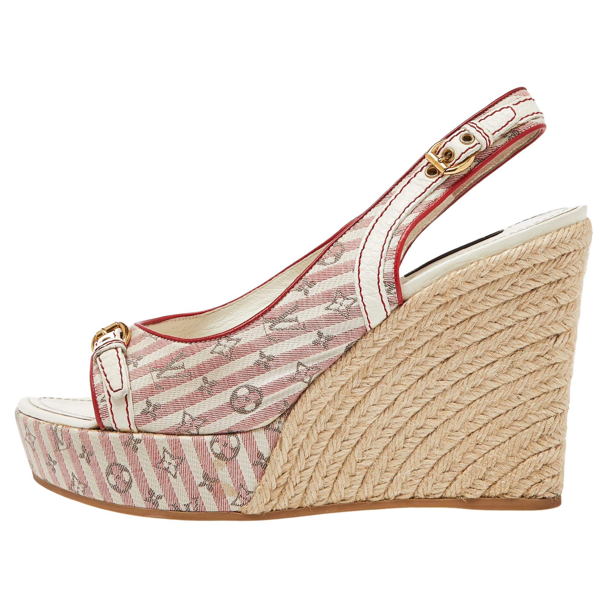 Louis Vuitton White/Red Canvas Wedge Sandals Size 40 For Sale