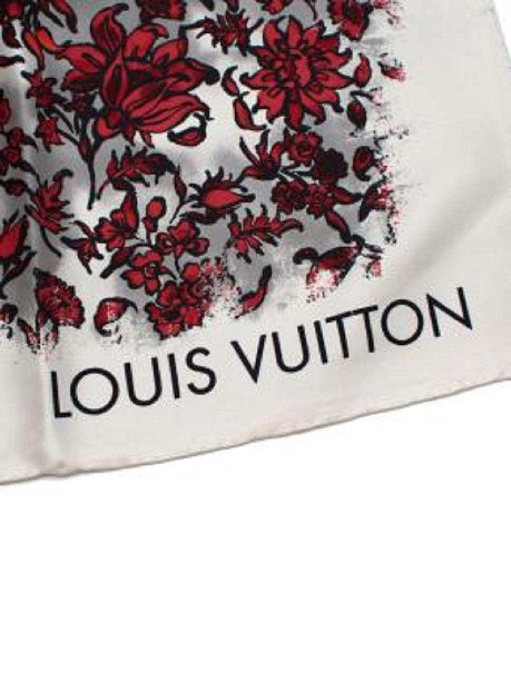 Louis Vuitton White & Red Silk Floral Print Scarf 90 In Excellent Condition For Sale In London, GB