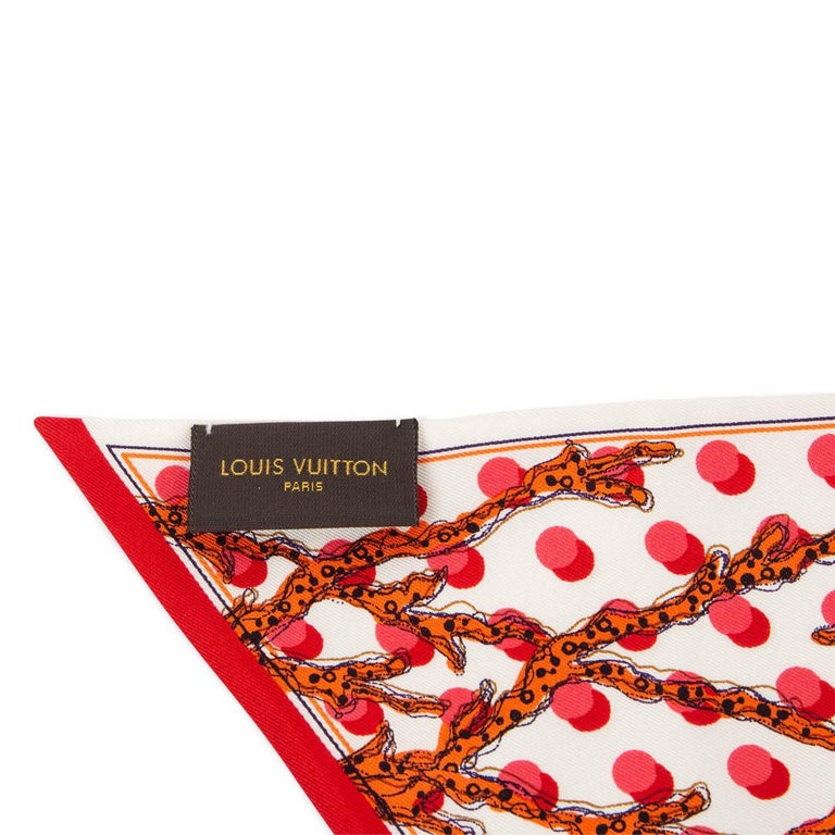 Authentic Louis Vuitton 2105 Ramages Coral & Dot Bandeau Scarf White Orange  Red Silk