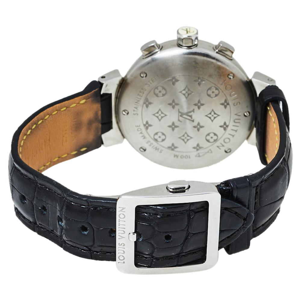 An eye-catching piece like this Louis Vuitton Tambour Lovely Cup watch deserves a special place in your collection. It features a stainless steel case of 34 MM diameter that is fitted with embossed leather straps, adorned in a black hue. It comes