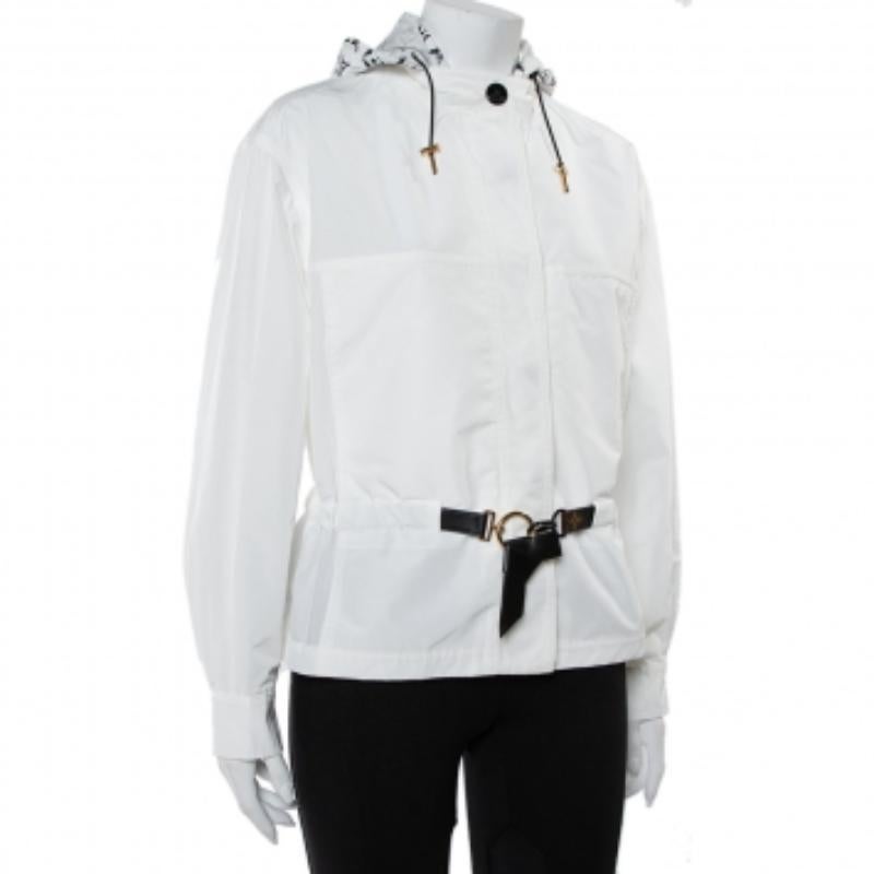 Women's Louis Vuitton White Synthetic Logo Printed Hood Detail Belted Parka Jacket M For Sale