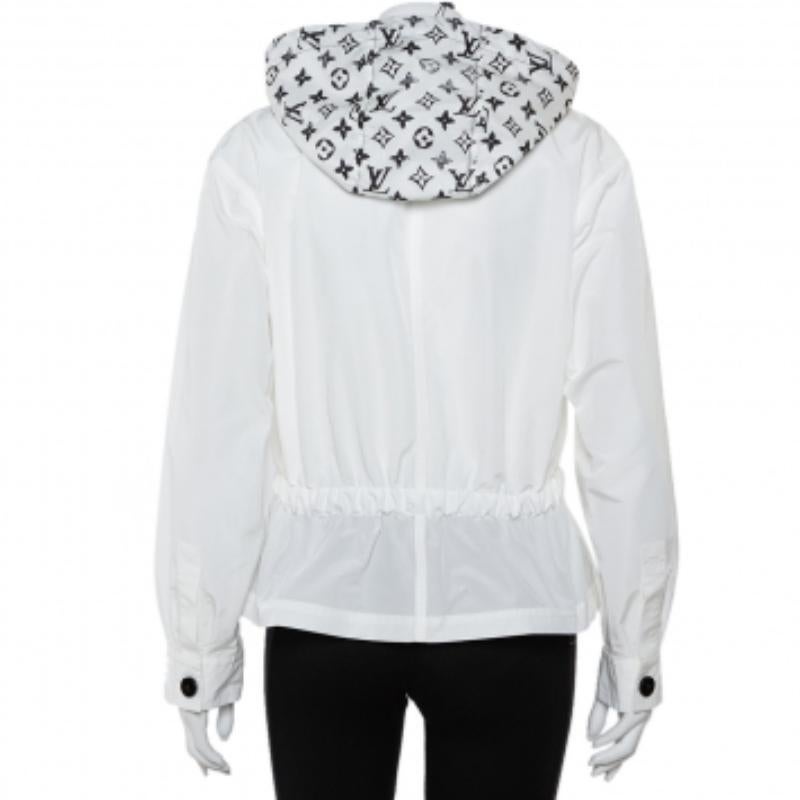 Louis Vuitton White Synthetic Logo Printed Hood Detail Belted Parka Jacket M For Sale 1