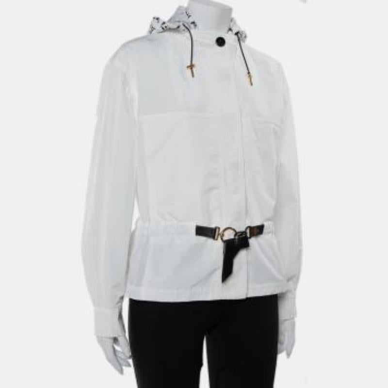 Louis Vuitton White Synthetic Logo Printed Hood Detail Belted Parka Jacket M For Sale 2