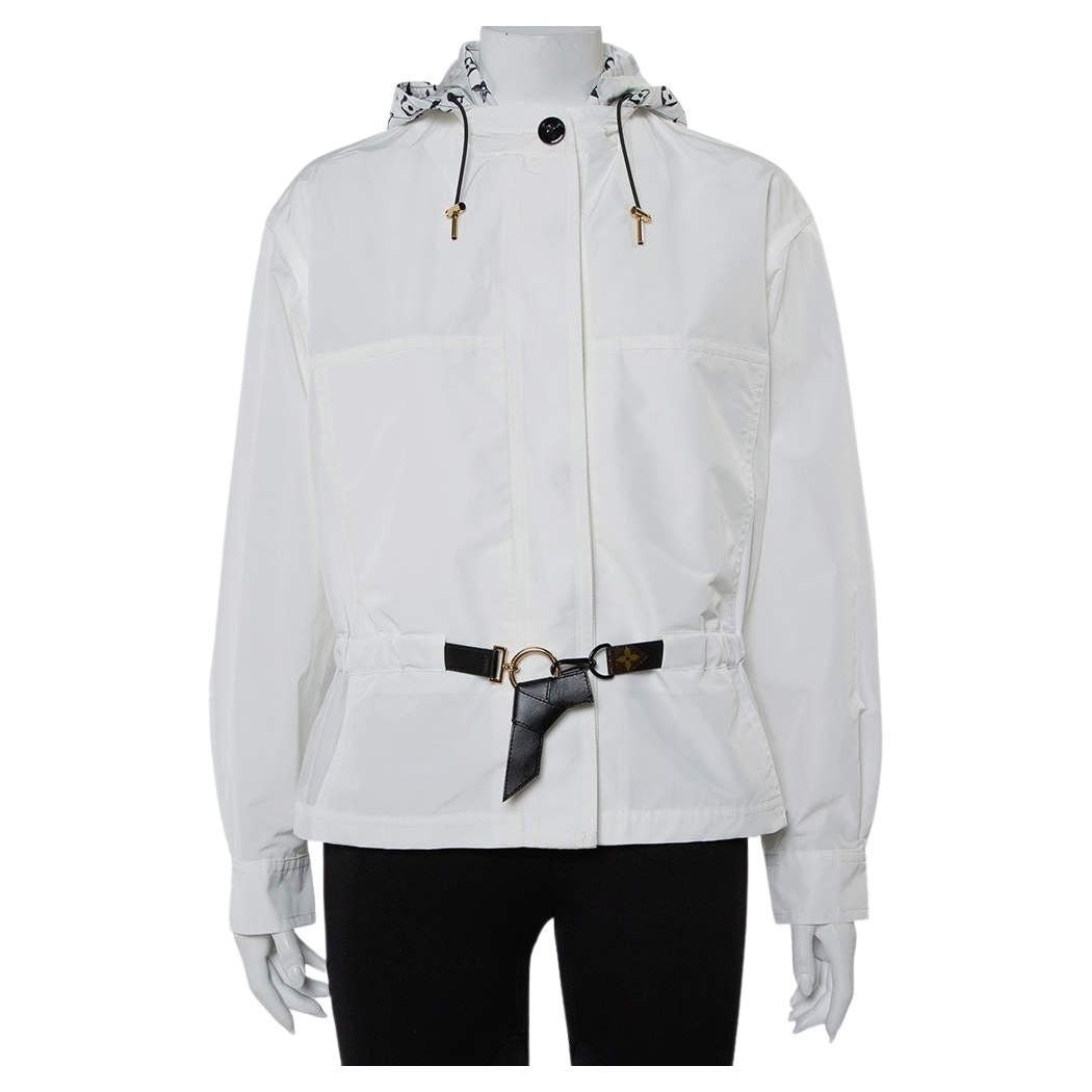 Louis Vuitton White Synthetic Logo Printed Hood Detail Belted Parka Jacket M For Sale