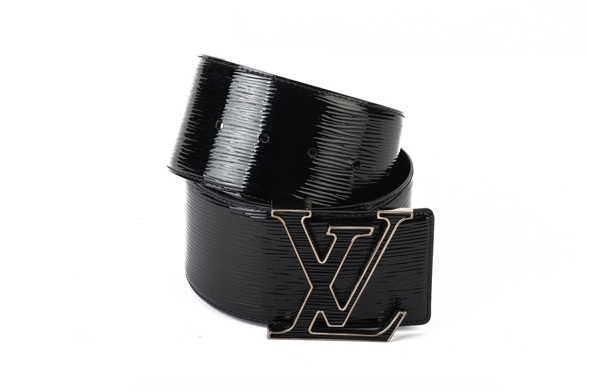 Louis Vuitton excellent condition black patent leather wide belt with oversize enamel LV buckle. 75cm/30”. Original dust cover and box.