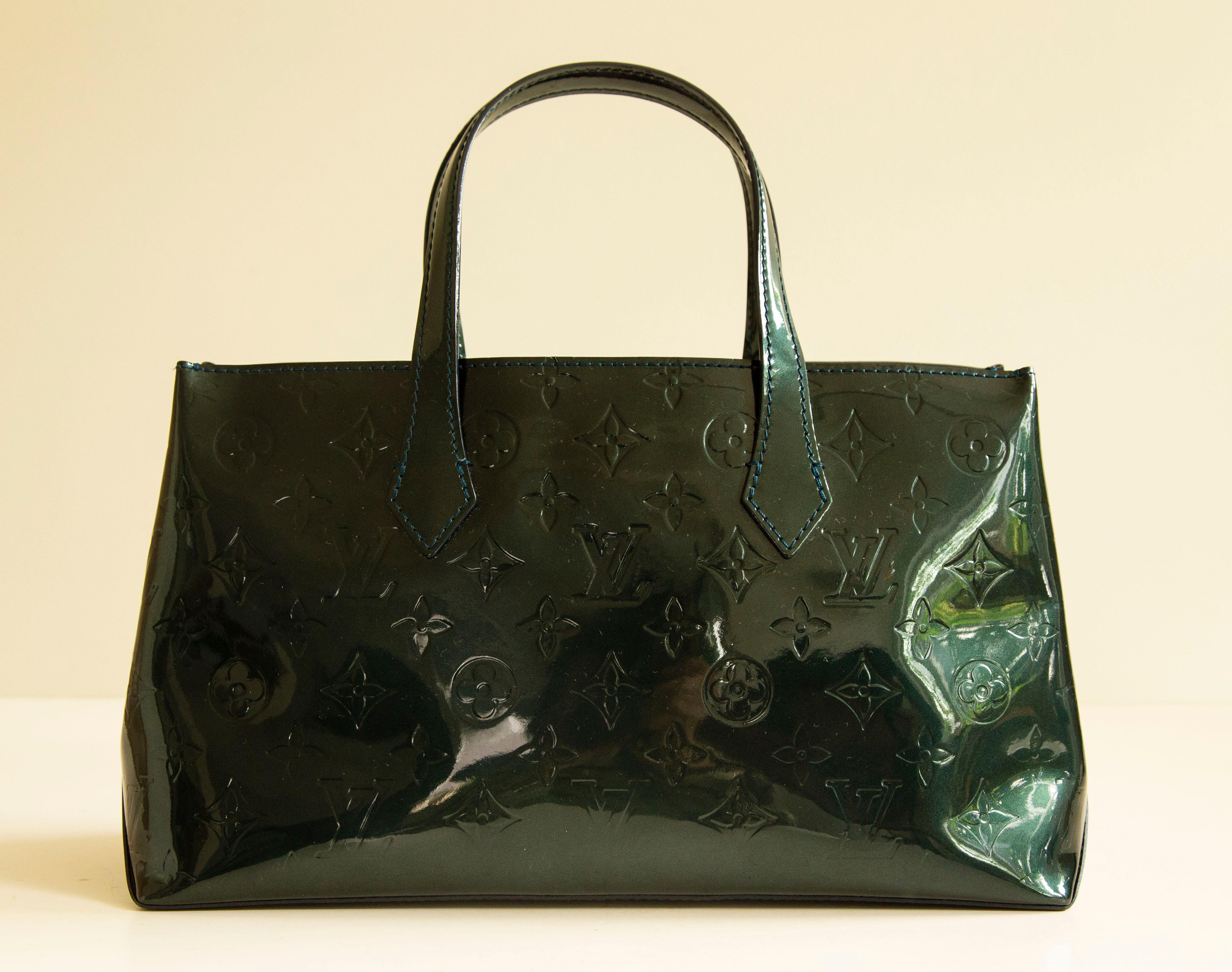 Black Louis Vuitton Wilshire Bottle Green Patent Leather Top Handle Bag 1990s  For Sale