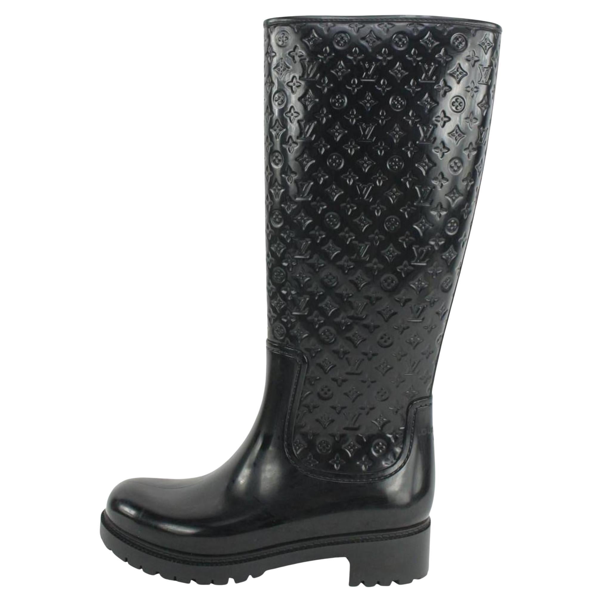 $805 Louis Vuitton Black Logo LV Patent Rubber Drops Flat Half Rain-boots  36/6