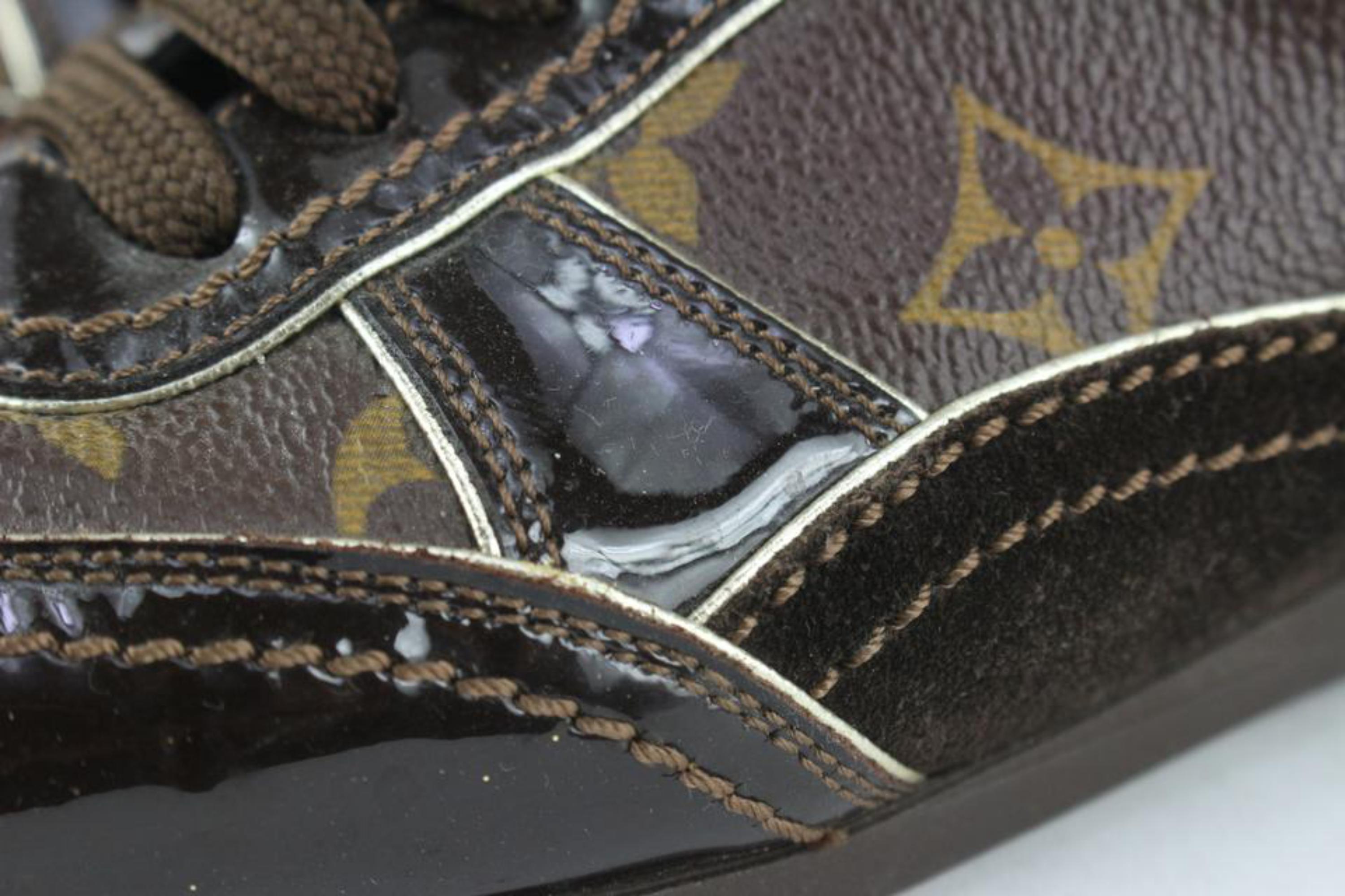 Louis Vuitton Womens 36 Brown Patent Monogram Globe Trotter Sneaker 1117lv3 In Good Condition For Sale In Dix hills, NY