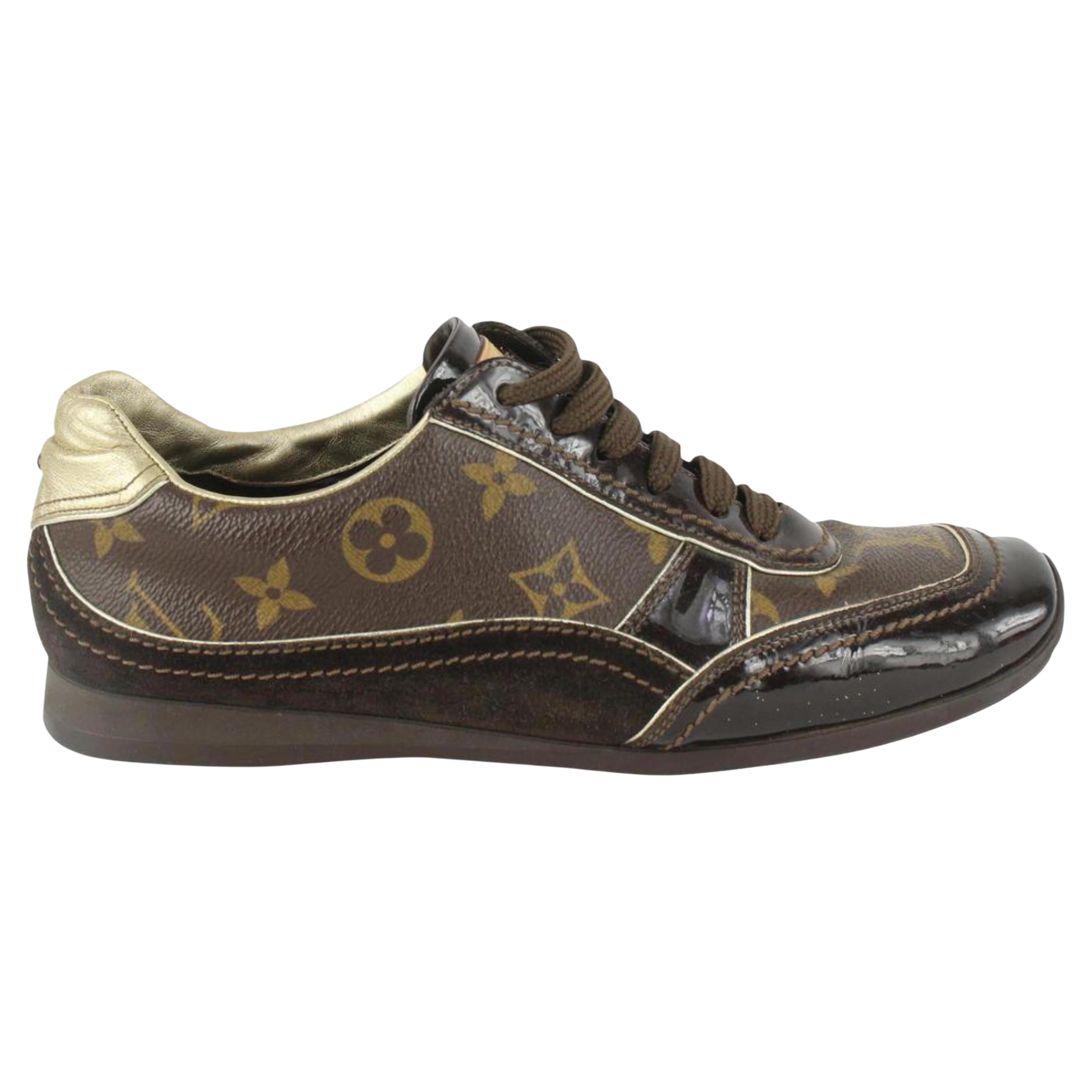 Louis Vuitton Womens 36 Brown Patent Monogram Globe Trotter Sneaker 1117lv3 im Angebot