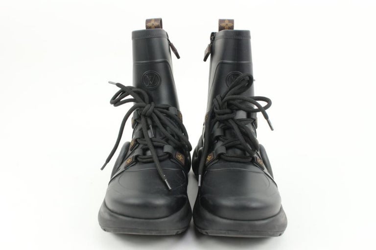 LOUIS VUITTON Size 10.5 Black Monogram Logo Leather Combat Boots