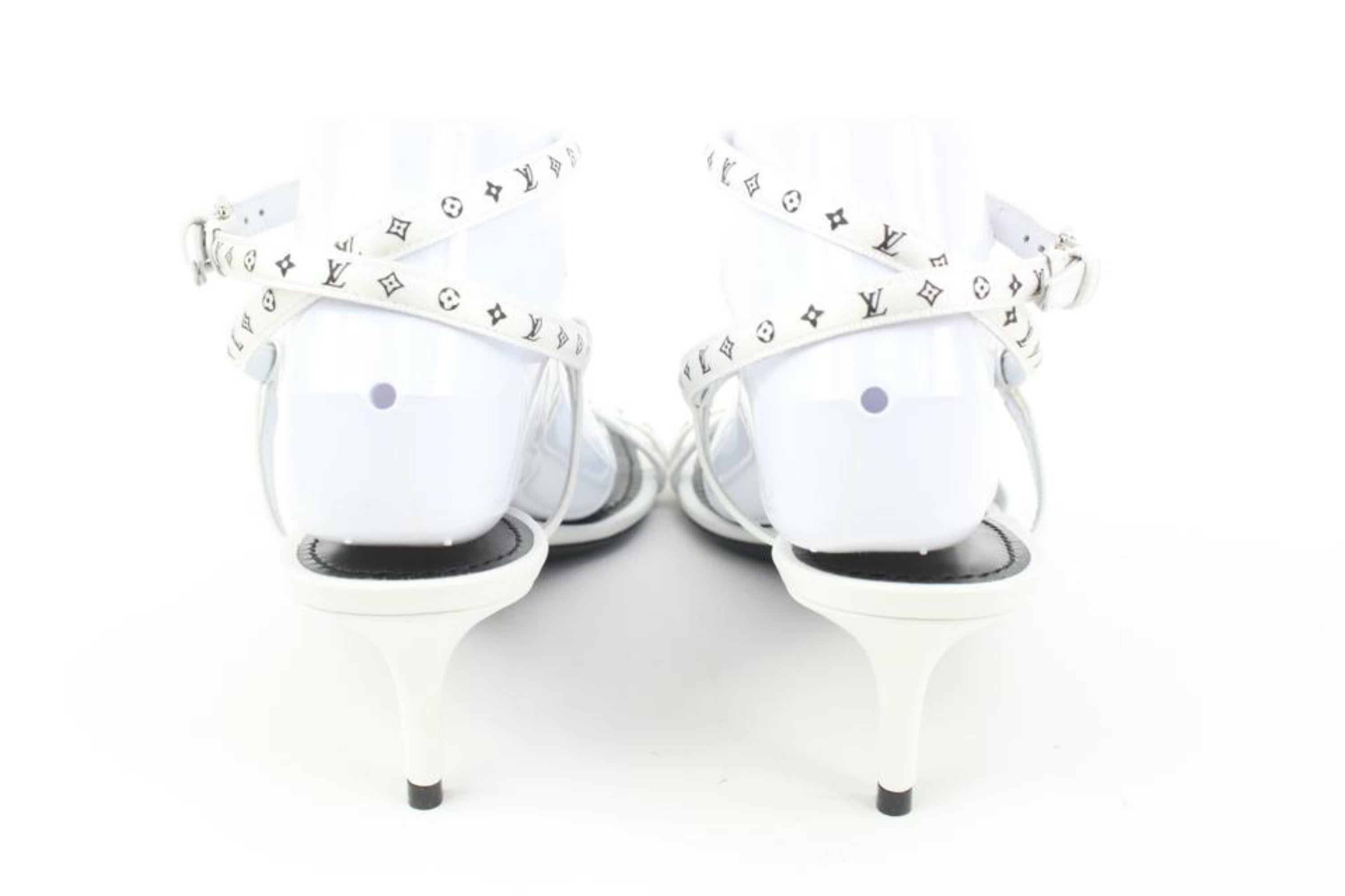 Gray Louis Vuitton Women's 39 White Monogram Citizen Strappy Sandal Heels s27lv97 For Sale