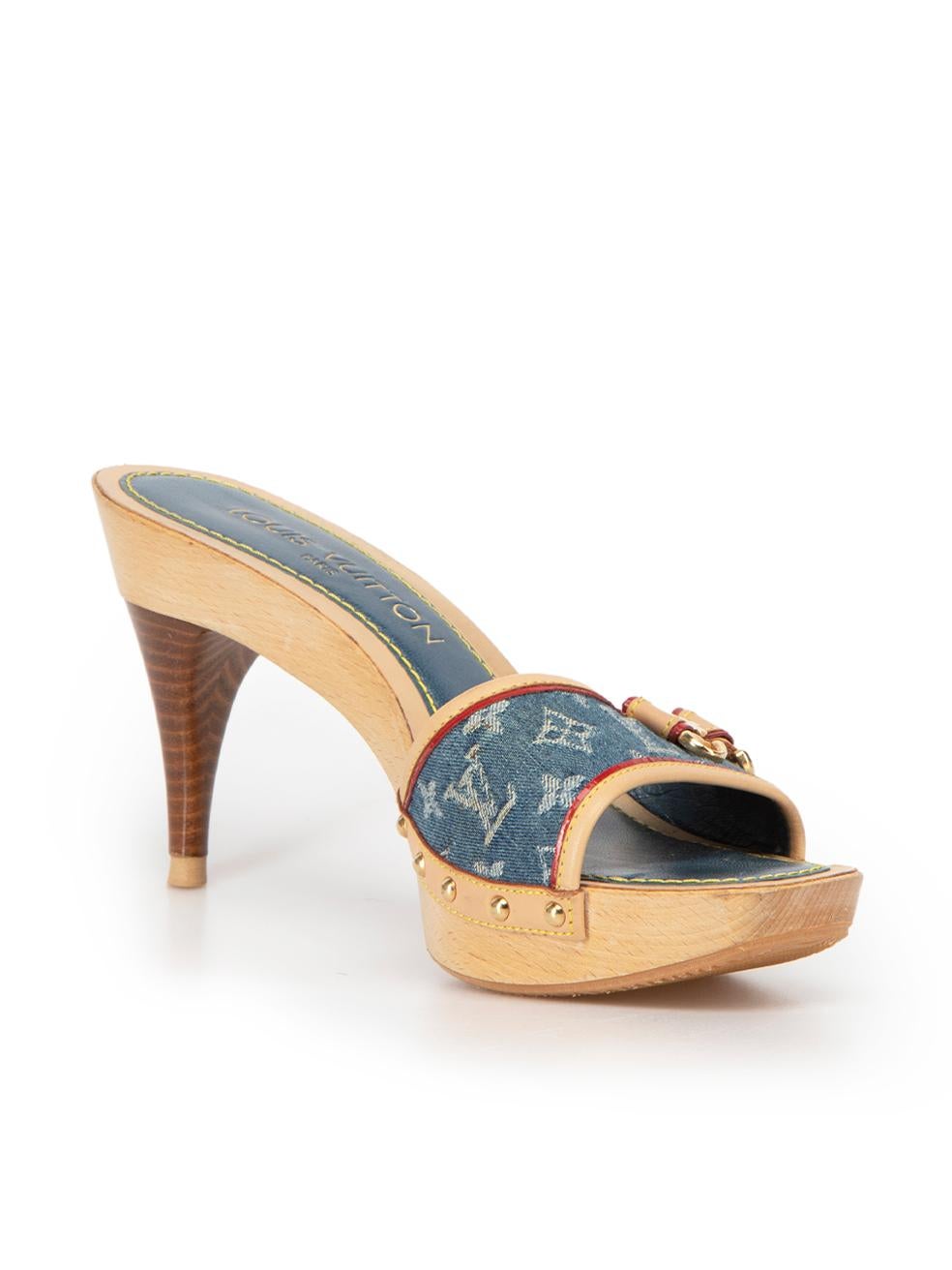 CONDITION is Very good. Minimal wear to sandals is evident. Minimal wear to the right front strap which has a dark stain on the leather. There are also scuffs to the heel stem on this used Louis Vuitton designer resale item. This item includes the