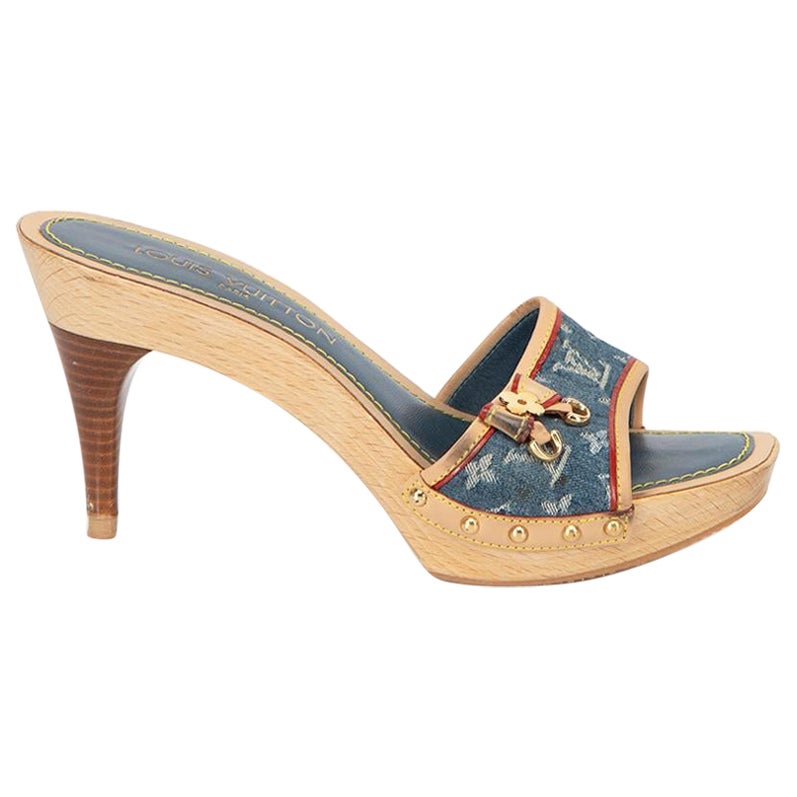 Louis Vuitton Women's Blue Denim Monogram Wooden Heel Mules For Sale
