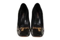 Louis Vuitton Womens Chain Link Heels US 7 EU 37 Gray Monogram Pumps Square Toe