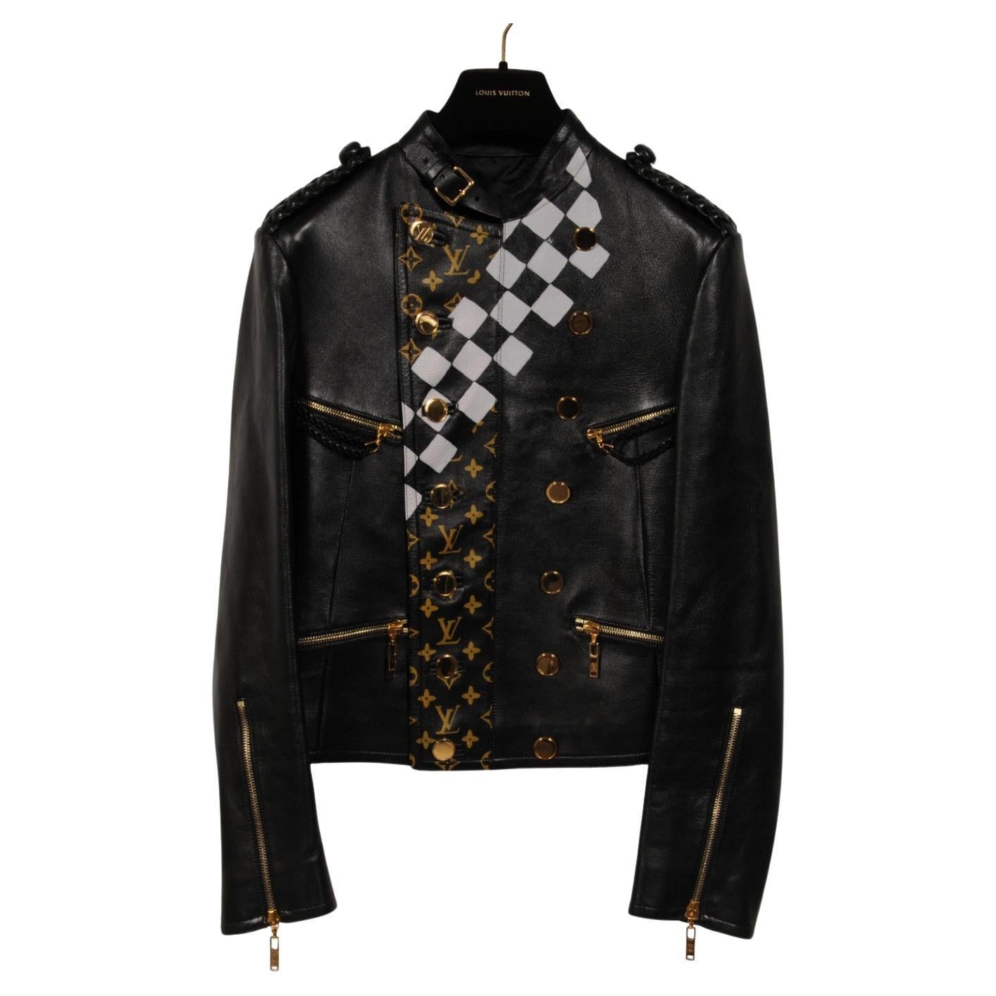 Louis Vuitton Womens Leather Jacket Size FR 34 Black Gold Monogram Checkered