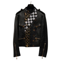 Louis Vuitton Womens Leather Jacket Size FR 34 Black Gold Monogram Checkered