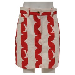 Louis Vuitton Womens Striped Monogram Skirt Size IT 40 White Red Denim Jean