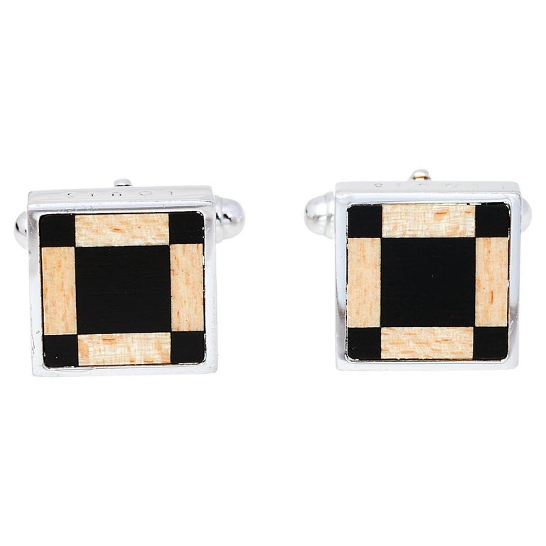 Louis Vuitton Wood Plated Cufflinks Silver Brown Square LV Logo Men's with  Case