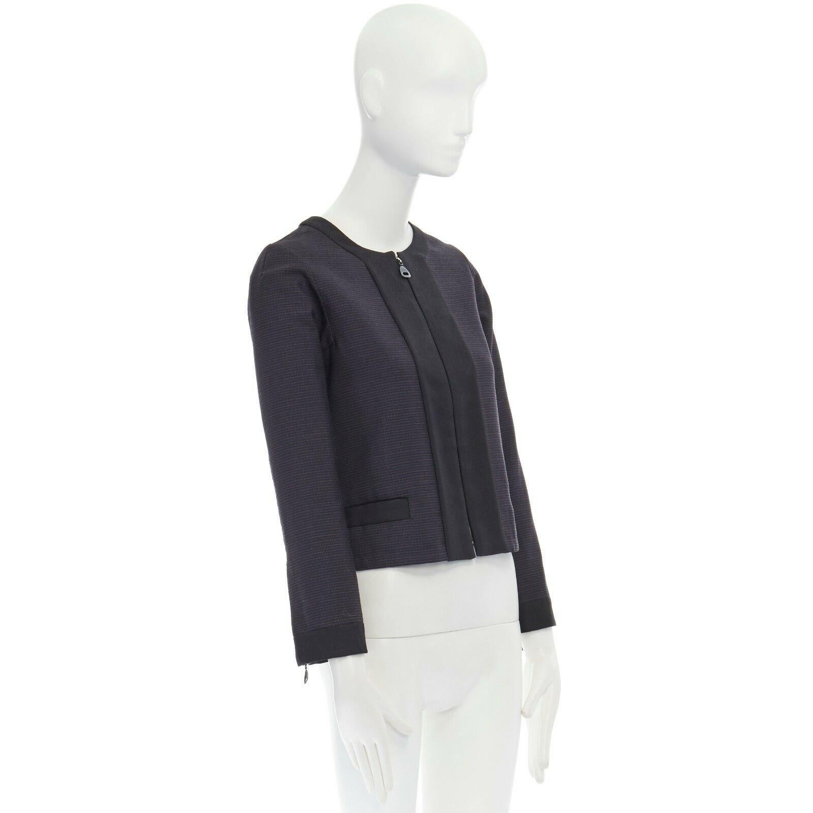 Black LOUIS VUITTON wool blend navy black checked collarless zip jacket FR34 XS