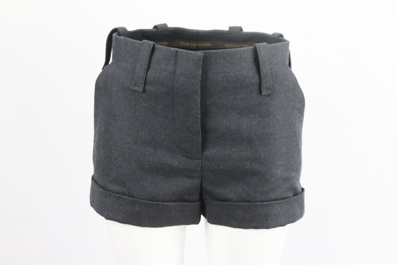 Louis Vuitton wool blend shorts. Grey. Hook and zip fastening at front. 98% Wool, 2% elastane; lining: 60% viscose, 35% cupro, 5% elastane. Size: FR 34 (UK 6, US 2, IT 38). Waist: 27 in. Hips: 38 in. Length: 11.5 in. Inseam: 2 in. Rise: 10.5 in
