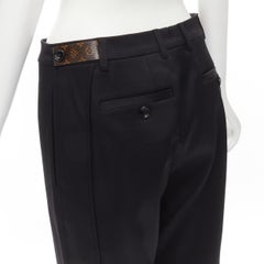 LOUIS VUITTON wool silk black LV monogram waist tab loop step hem trousers FR36