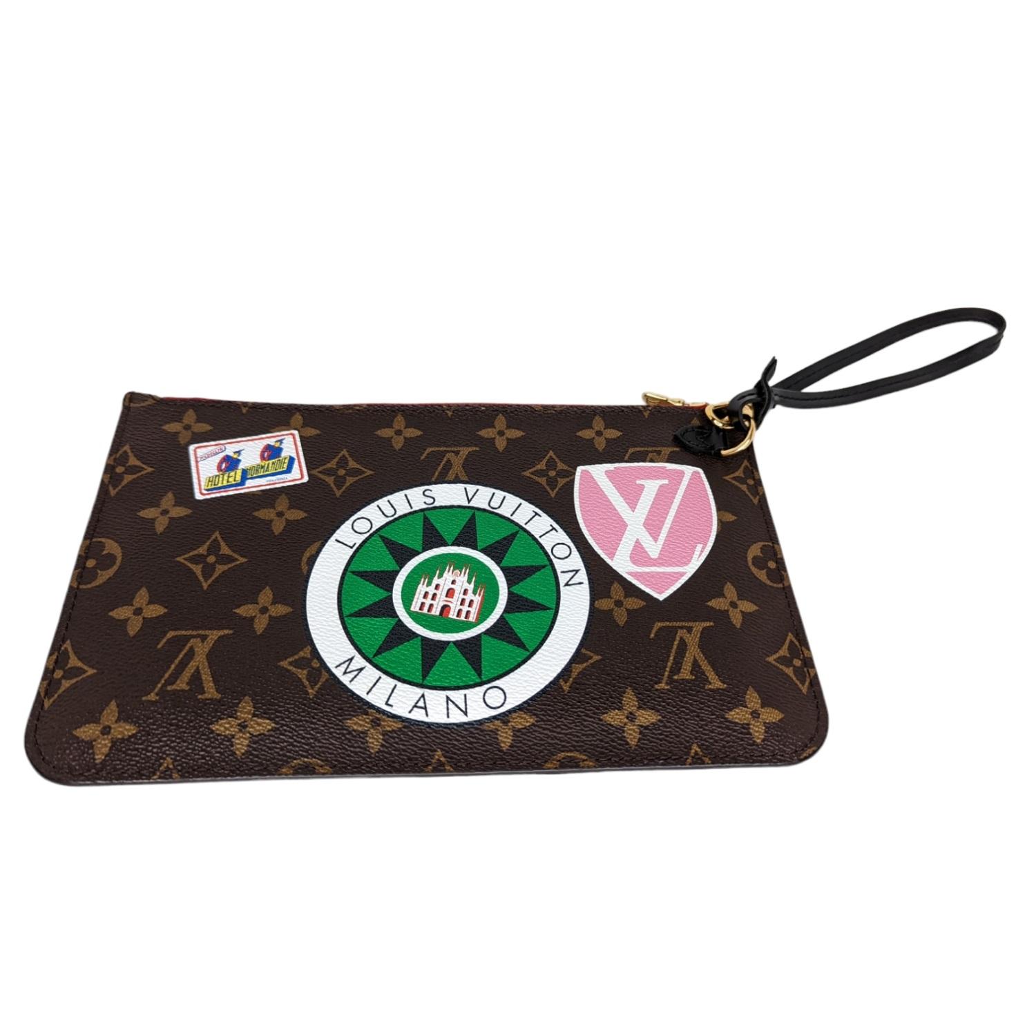 This pochette is crafted of Louis Vuitton monogram coated canvas, and features Nicolas Ghesquiere's playful take on classic hotel stickers, which Gaston-Louis Vuitton used to collect during his travels. The pouch features an optional black leather