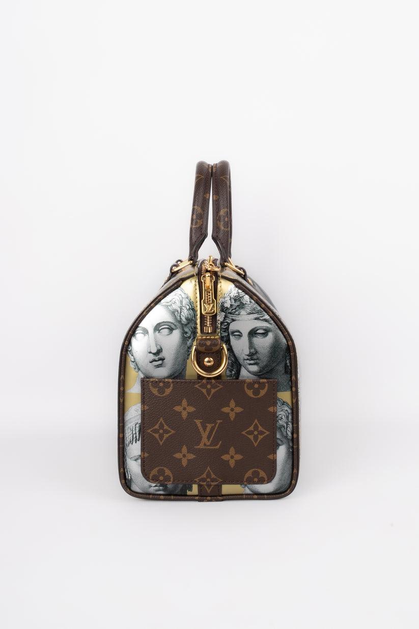 Louis Vuitton -(Made in Italy) Speedy bag x Fornasetti, édition limitée en cuir métallisé doré orné de têtes de statues imprimées créées par le célèbre artiste italien.

Informations complémentaires :
Condit : Très bon état.
Dimensions : Longueur :