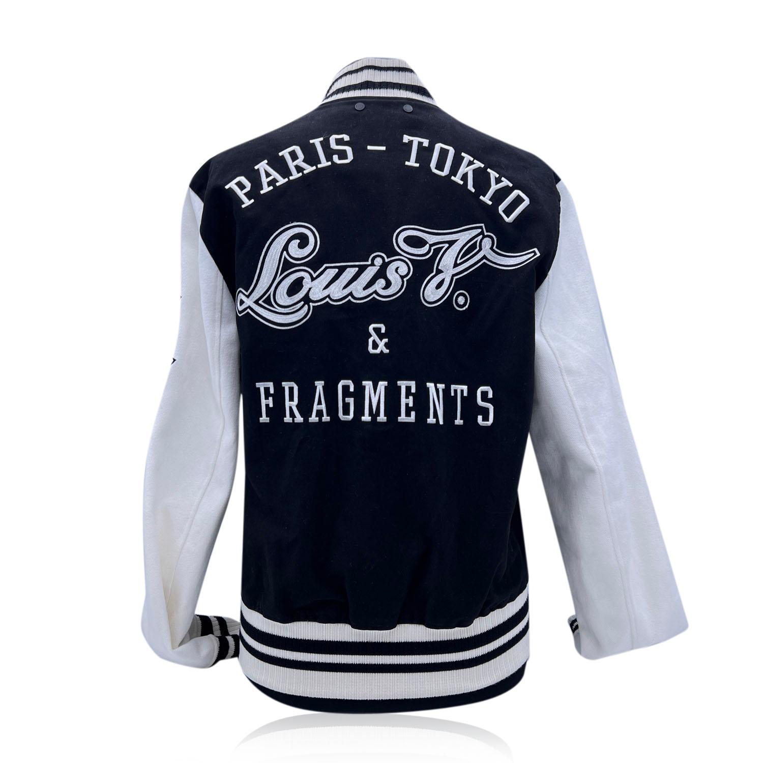 Louis Vuitton x Fragment embroidered Varsity Jacket, created in collaboration with Fragment Design. Black and white colors. 'Louis V and Fragments' embroidered on the chest. 'Paris - Tokyo' embroidered on the back. Button closure on the front. 2
