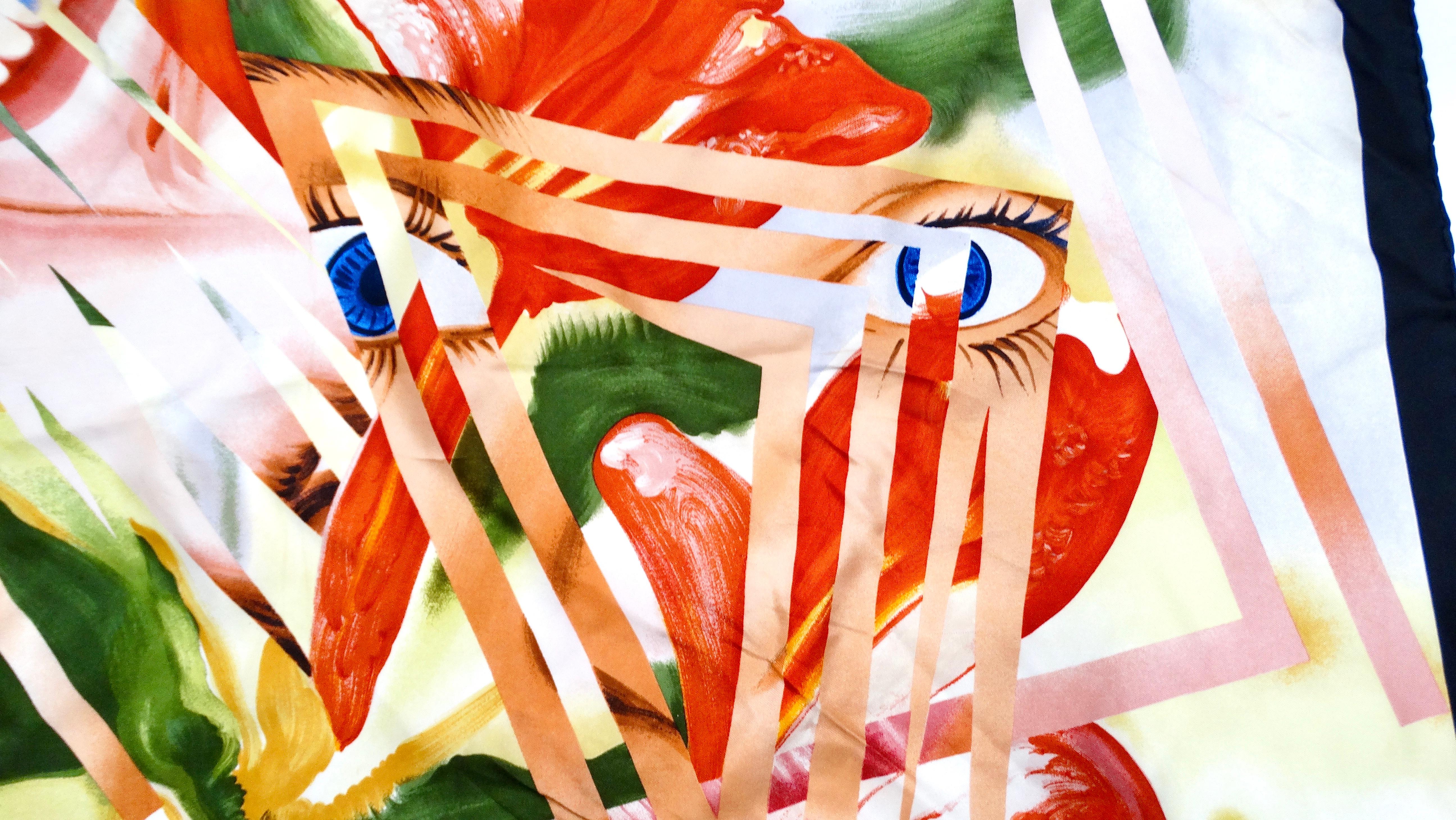 The Louis Vuitton x James Rosenquist Abstract Pop Art Silk Print Scarf circa 1987 is a striking and collectible piece that exemplifies the fusion of high fashion and avant-garde art. This limited-edition scarf features vibrant, bold colors and