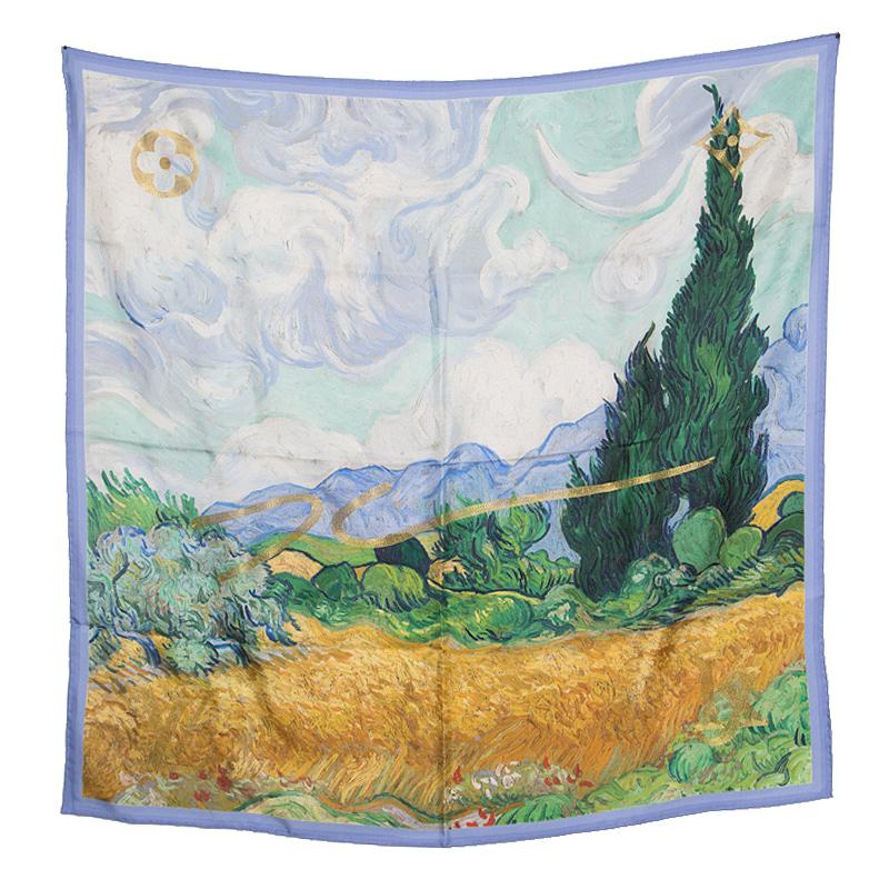 This limited edition scarf from Louis Vuitton depicts a beautiful print flaunting a wheatfield and the signature monogram details on the top edges. Subtle use of colors and a busy yet refined design make this silk scarf an accessory