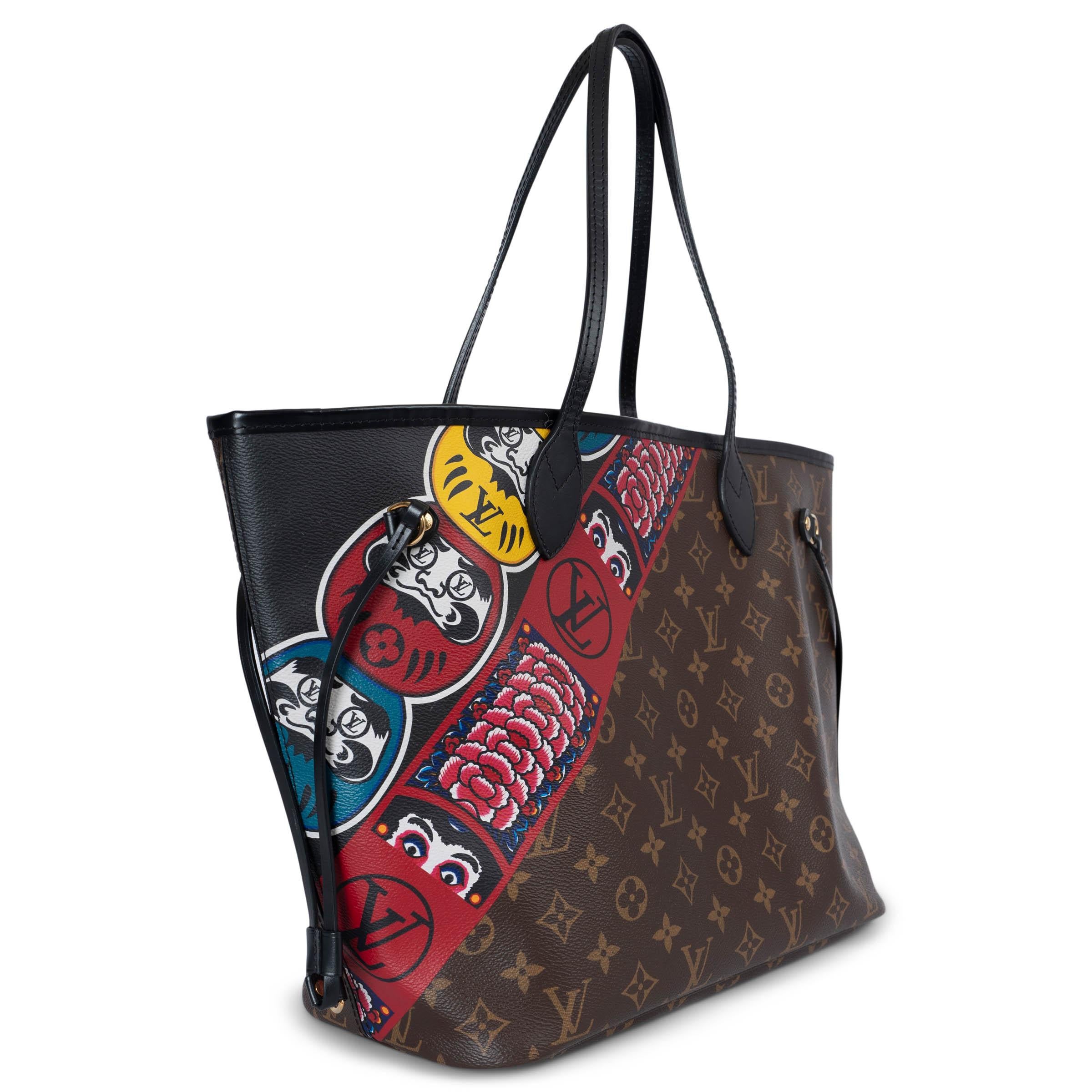 This 100% authentic Louis Vuitton x Kansai Yamamoto Neverfull MM tote is crafted from ebene and olive Monogram Kabuki canvas, featuring a vibrant multicolor print inspired by traditional Japanese theater. With sleek black leather trims, this