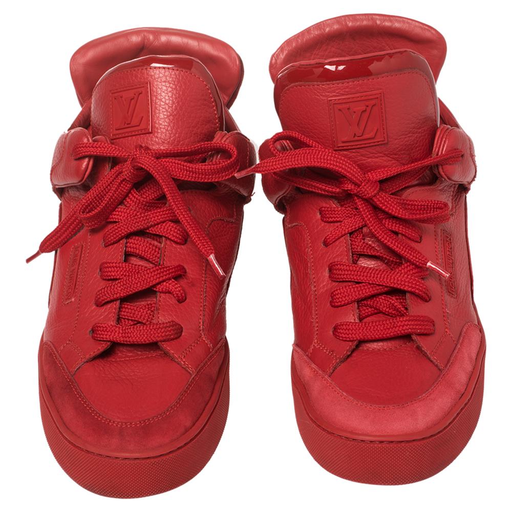 Louis Vuitton x Kanye West Red Leather and Suede Don High Top Sneakers Size 43.5 In Good Condition In Dubai, Al Qouz 2