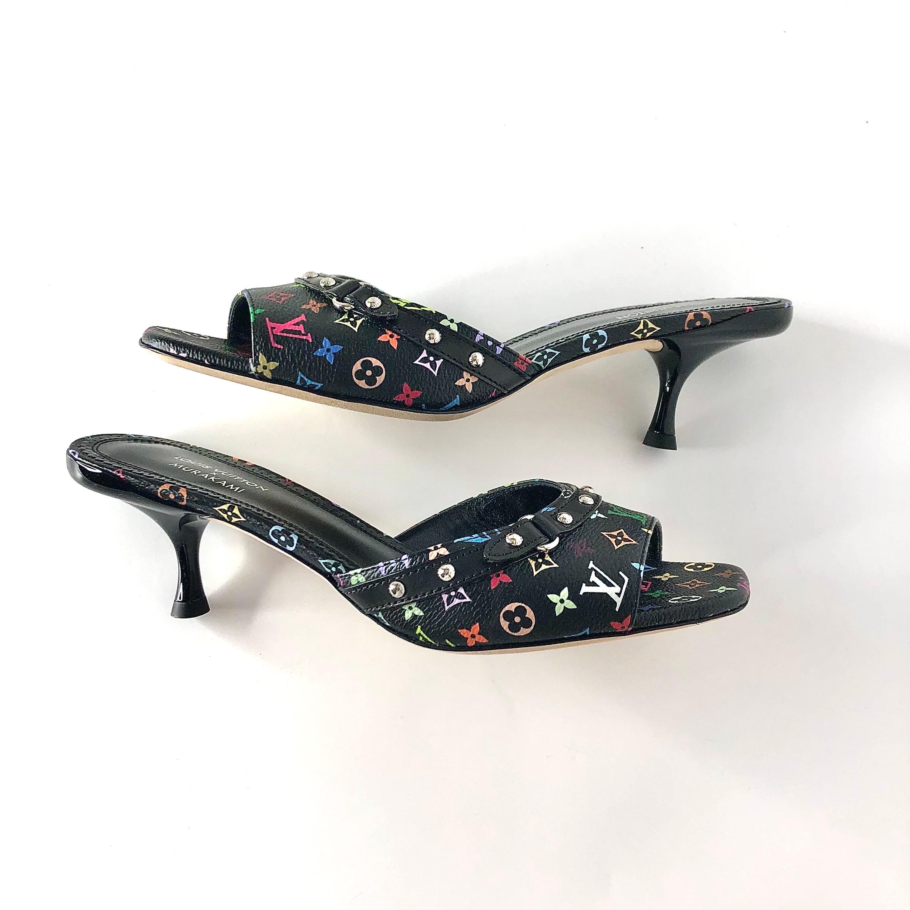 Black Louis Vuitton x Murakami Logo Multicolored Slip On Kitten Heel Mules Sandals 37 For Sale