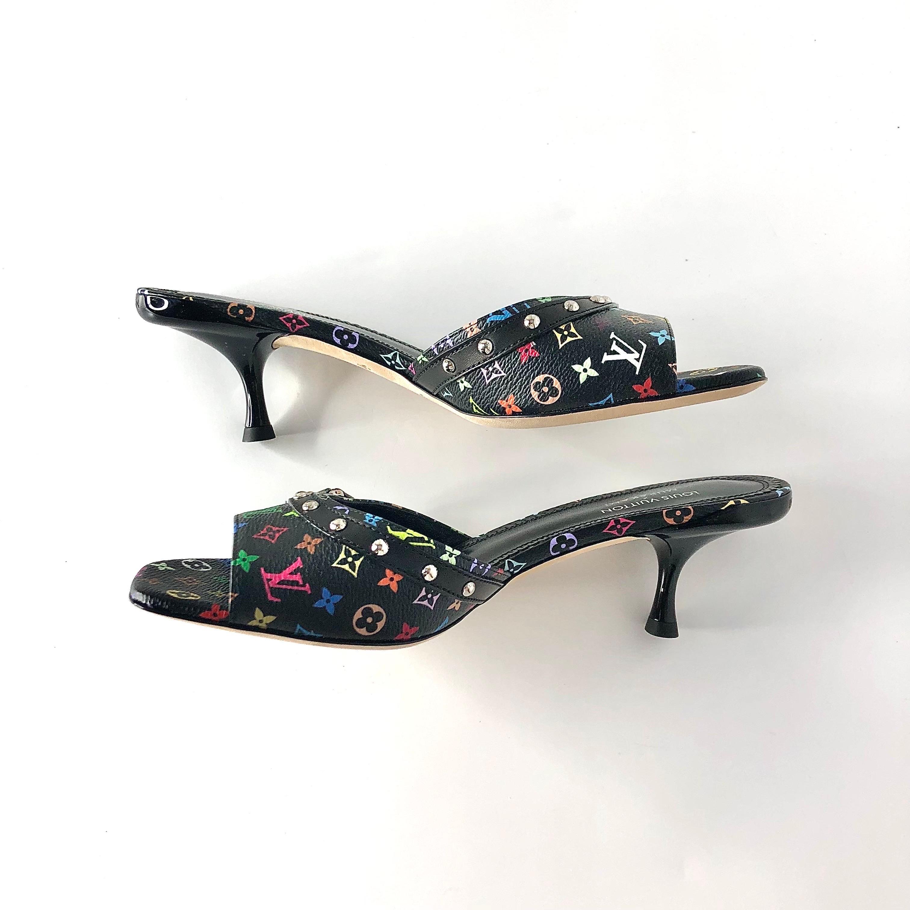 Louis Vuitton x Murakami Logo Multicolored Slip On Kitten Heel Mules Sandals 37 In Excellent Condition For Sale In Mechanicsville, VA