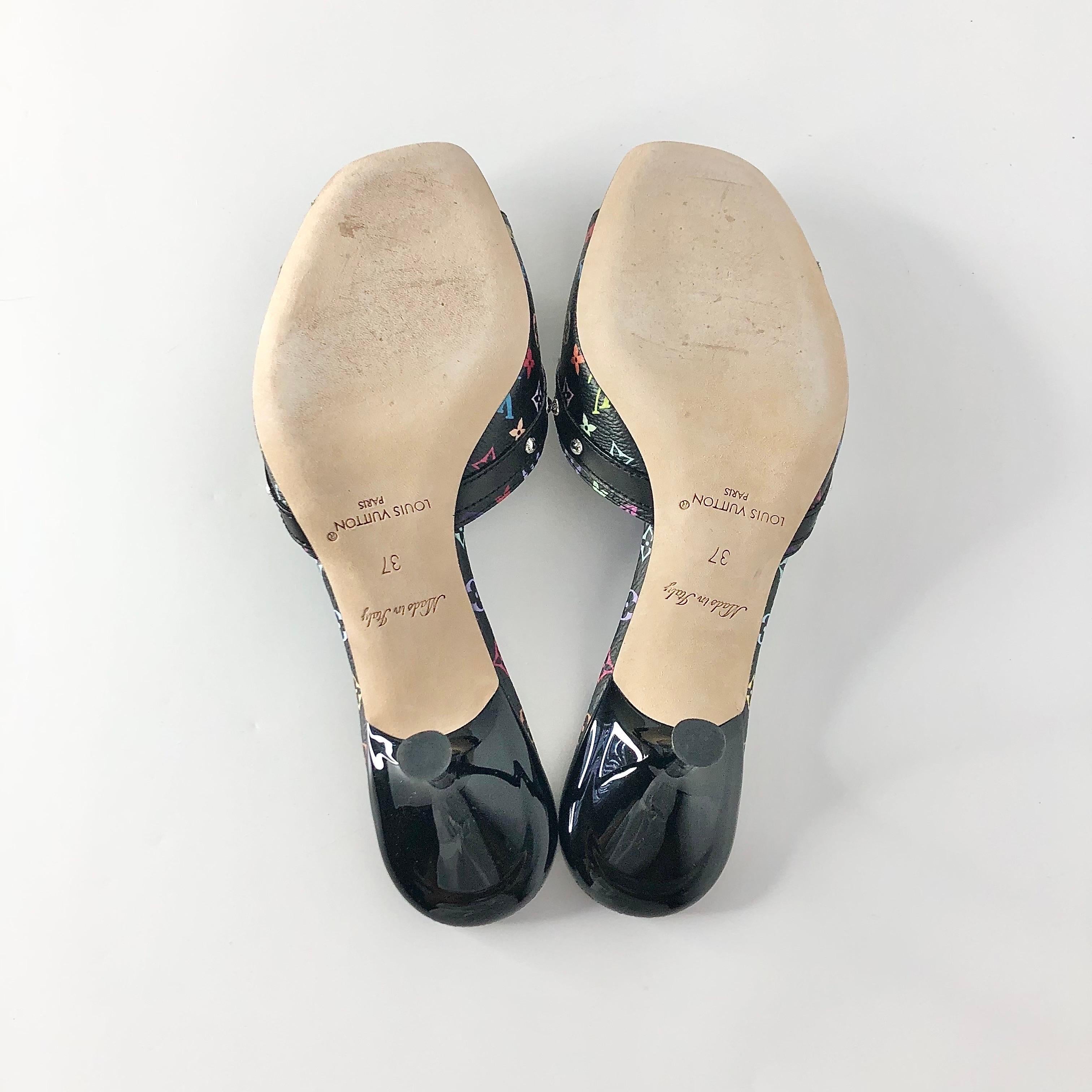 Louis Vuitton x Murakami Logo Multicolored Slip On Kitten Heel Mules Sandals 37 For Sale 1