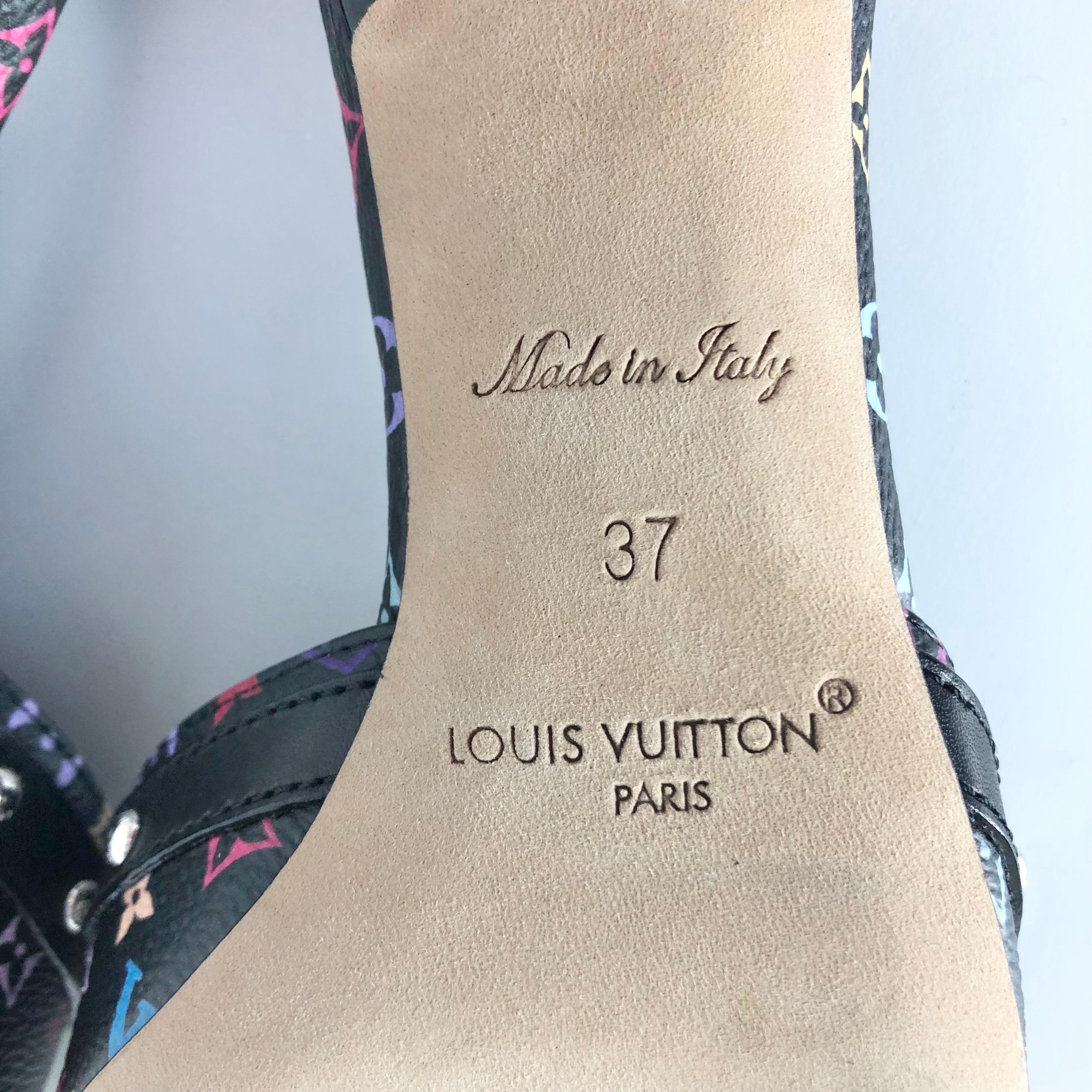 Louis Vuitton x Murakami Logo Multicolored Slip On Kitten Heel Mules Sandals 37 For Sale 2