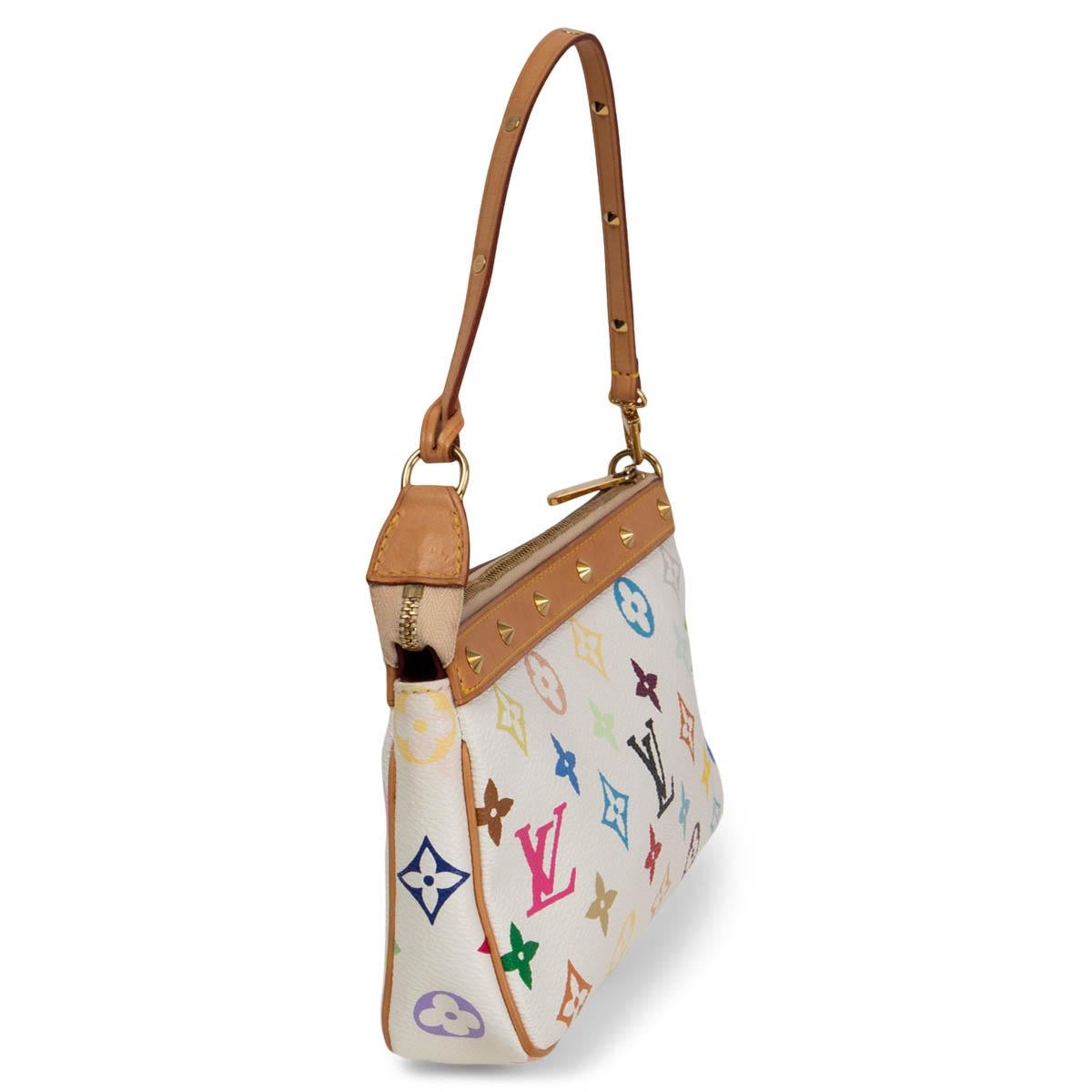 100% authentic Louis Vuitton x Takeshi Murakami Pochette Accessoires Bag in Monogram muticolore canvas with vachetta cowhide leather trimming and strap. Embellished with gold-tone metal pyramid studs. Open with a zipper on top to a burgundy