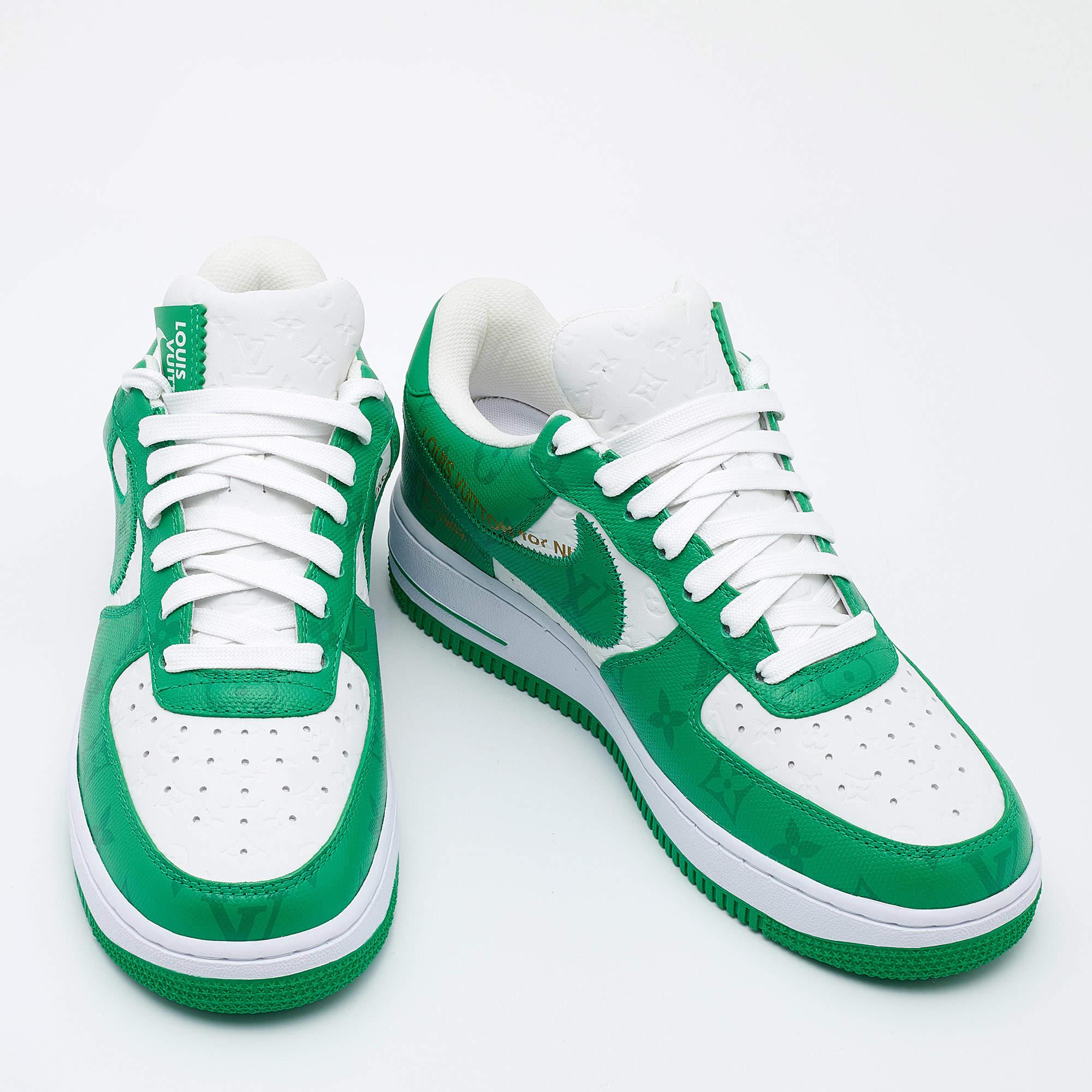 These Nike Air Force 1 sneakers by Louis Vuitton X Nike By Virgil Abloh are super sturdy, stunning, and stylish. They are crafted from green-white Monogram-embossed leather into a low-top silhouette. They showcase lace-up fastenings and brand