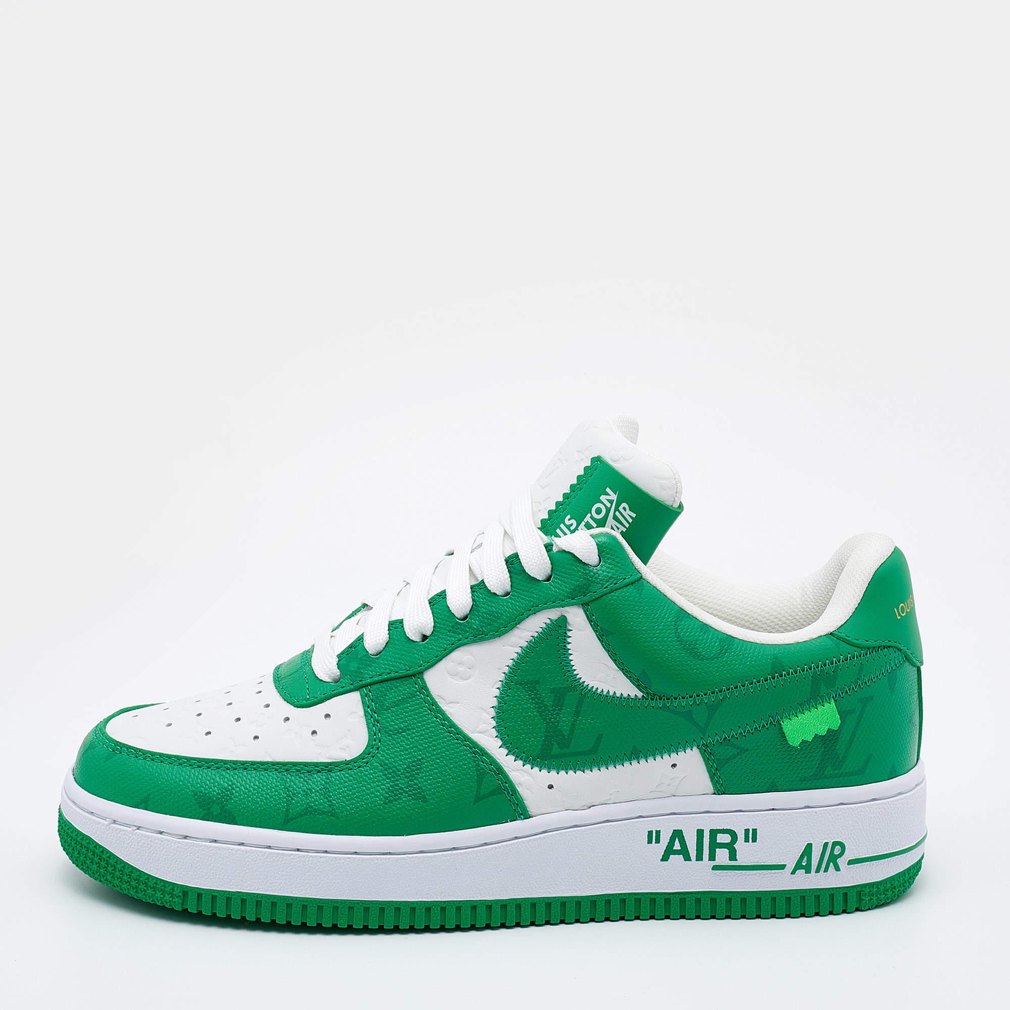These Nike Air Force 1 sneakers by Louis Vuitton X Nike By Virgil Abloh are super sturdy, stunning, and stylish. They are crafted from green-white Monogram-embossed leather into a low-top silhouette. They showcase lace-up fastenings and brand