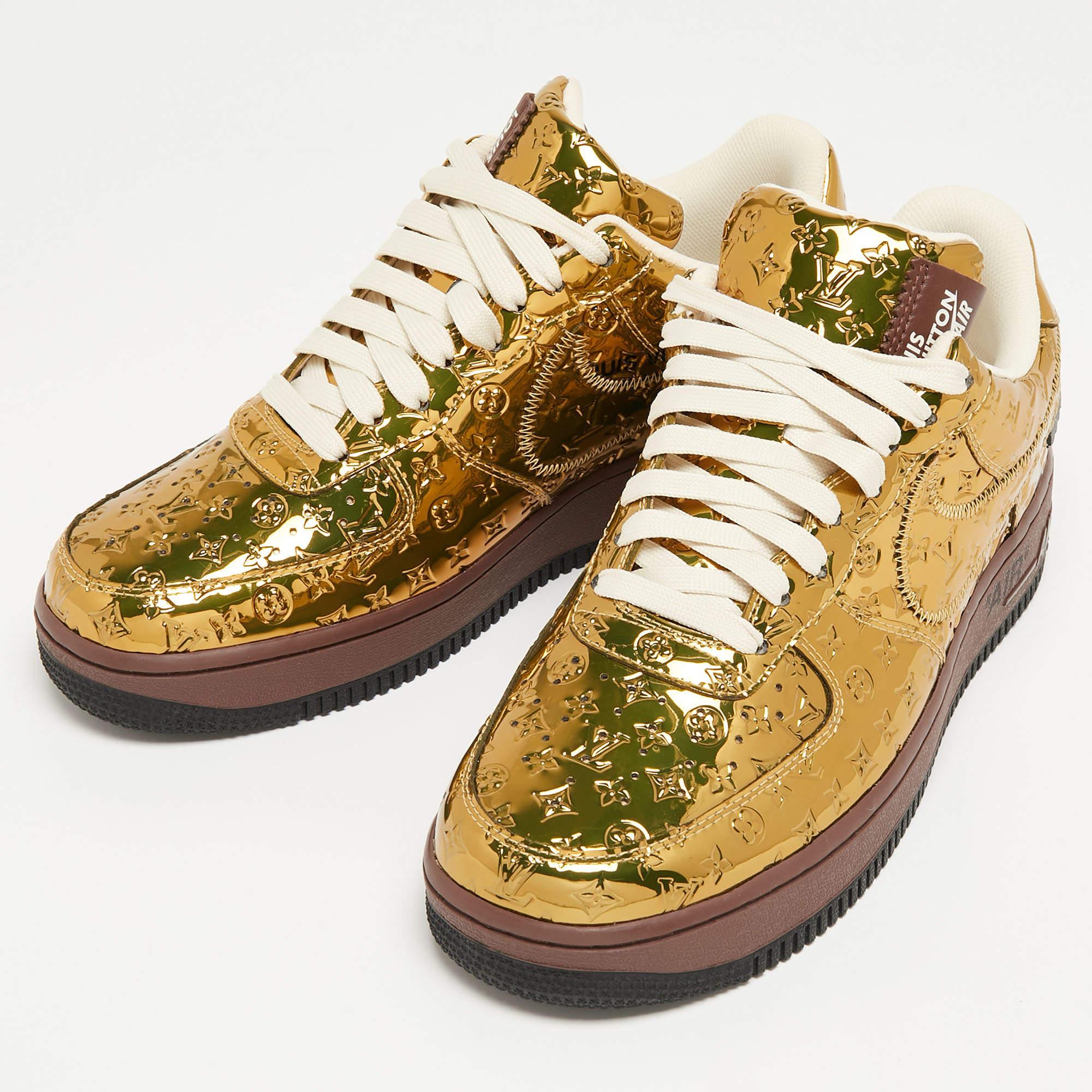 Men's Louis Vuitton x Nike Metallic Gold Monogram Leather Air Force 1 Sneakers Size 41