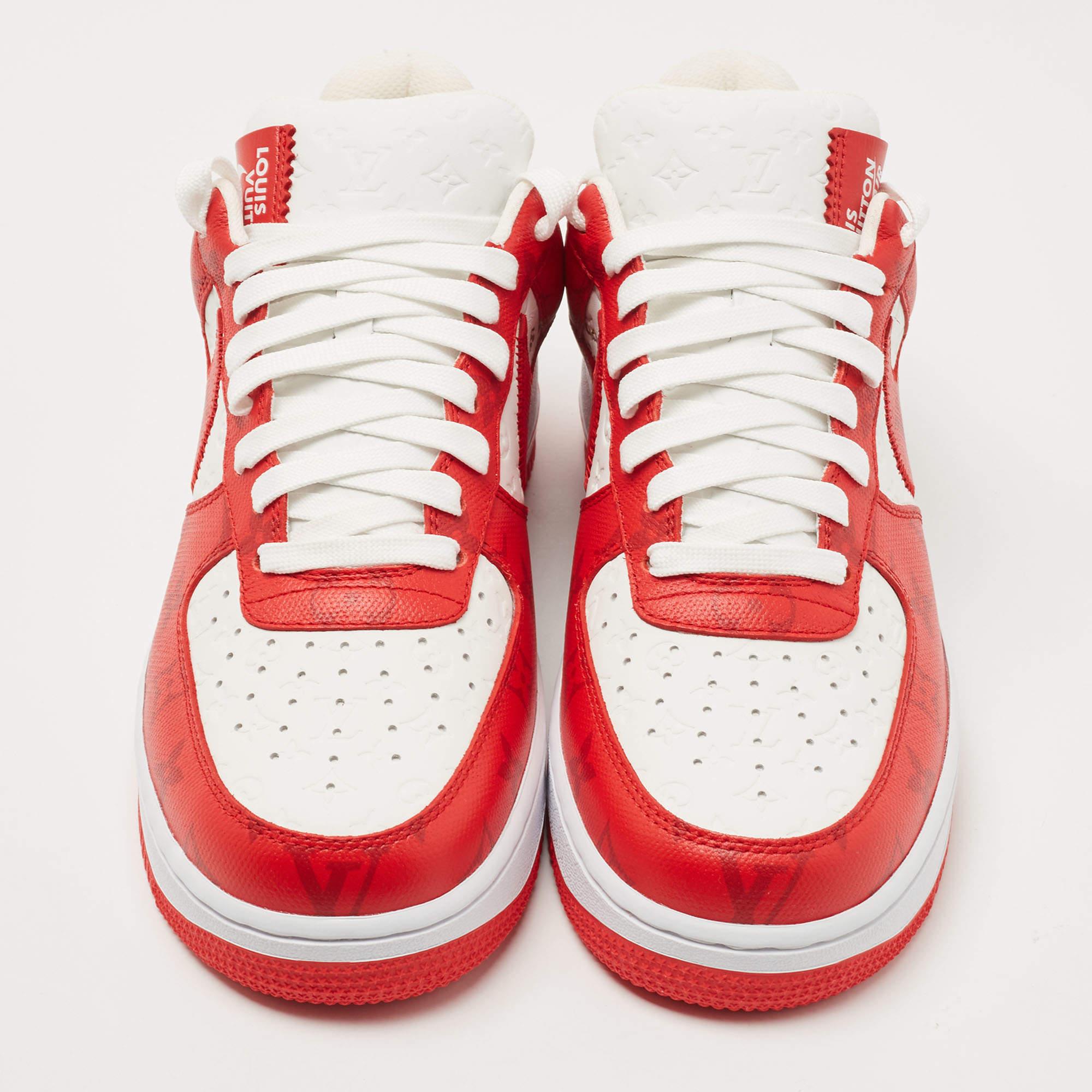These Nike Air Force 1 sneaker by Louis Vuitton X Nike By Virgil Abloh are super sturdy, stunning, and stylish. They are crafted from red-white Monogram leather into a low-top silhouette. They showcase lace-up fastenings and brand details on the