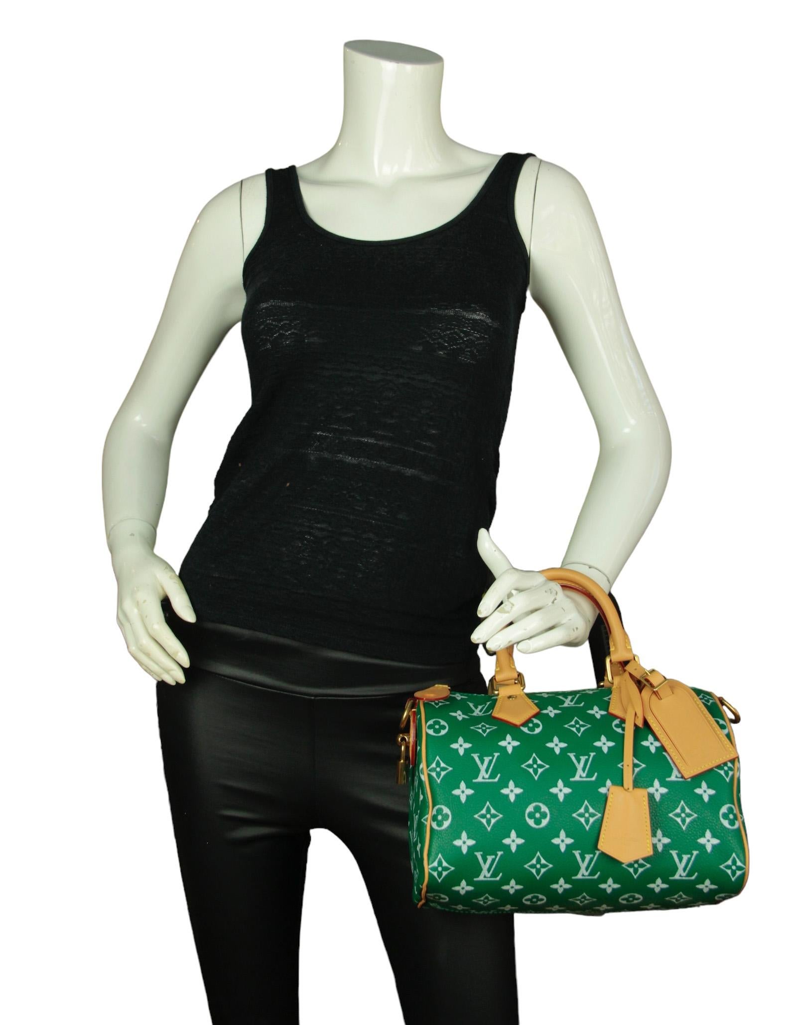 Louis Vuitton Limited Edition Green Soft Calfskin Monogram Speedy P9 Bandouliere 25. Features removable luggage tag, clochette, crossbody/shoulder strap and pouch. 

Made In: France
Color: Green
Hardware: Goldtone hardware
Materials: Calfskin