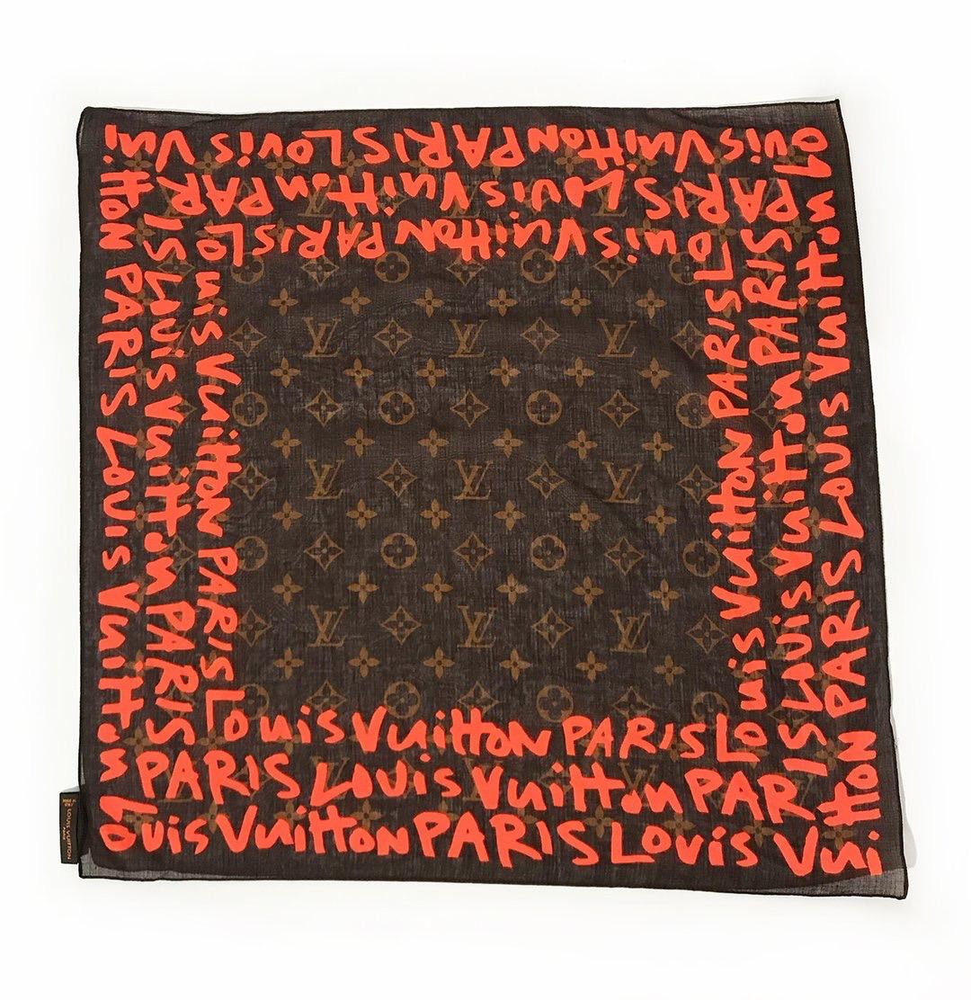 Pocket square scarf by Louis Vuitton x Stephen Sprouse
Spring 2001 Ready-to-Wear
Brown LV monogram print throughout 
Neon orange 