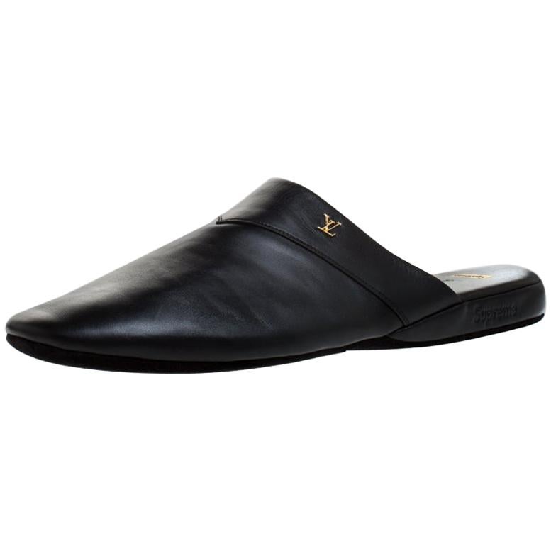 Louis Vuitton x Supreme Black Leather Hugh Flat Slippers