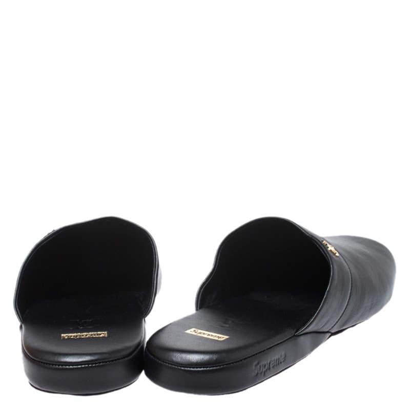 Louis Vuitton x Supreme Black Leather Hugh Flat Slippers Size 39 For Sale 4