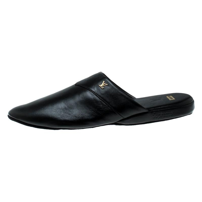 Louis Vuitton x Supreme Black Leather Hugh Flat Slippers Size 42