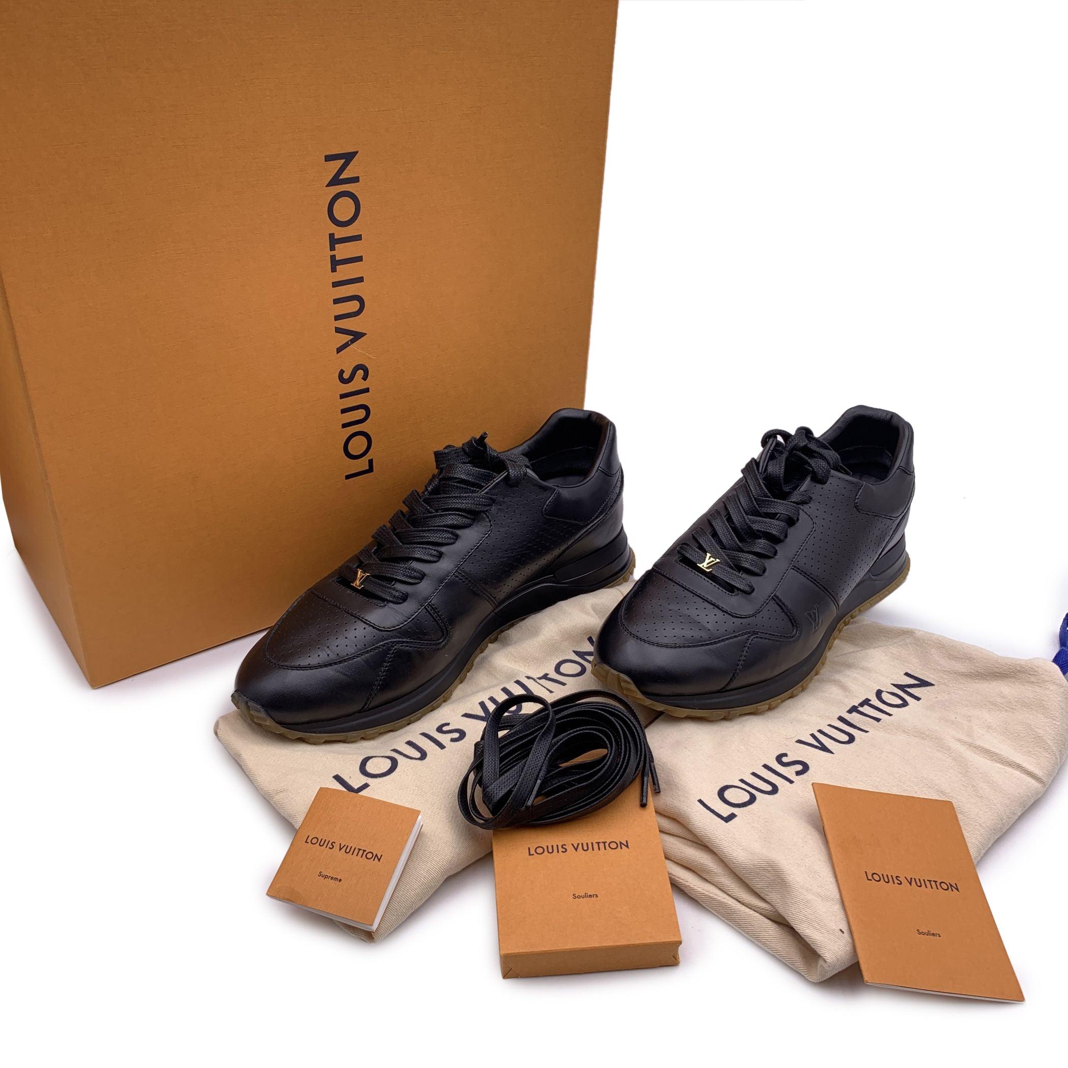 Louis Vuitton black leather Louis Vuitton x Supreme Lace Up Sneakers, from the Louis Vuitton x Supreme 2017 collaboration. Black leather and mesh lining. LV logos embossed on tongue, forefoot and back. Supreme logo embossed on back tab. Gold metal