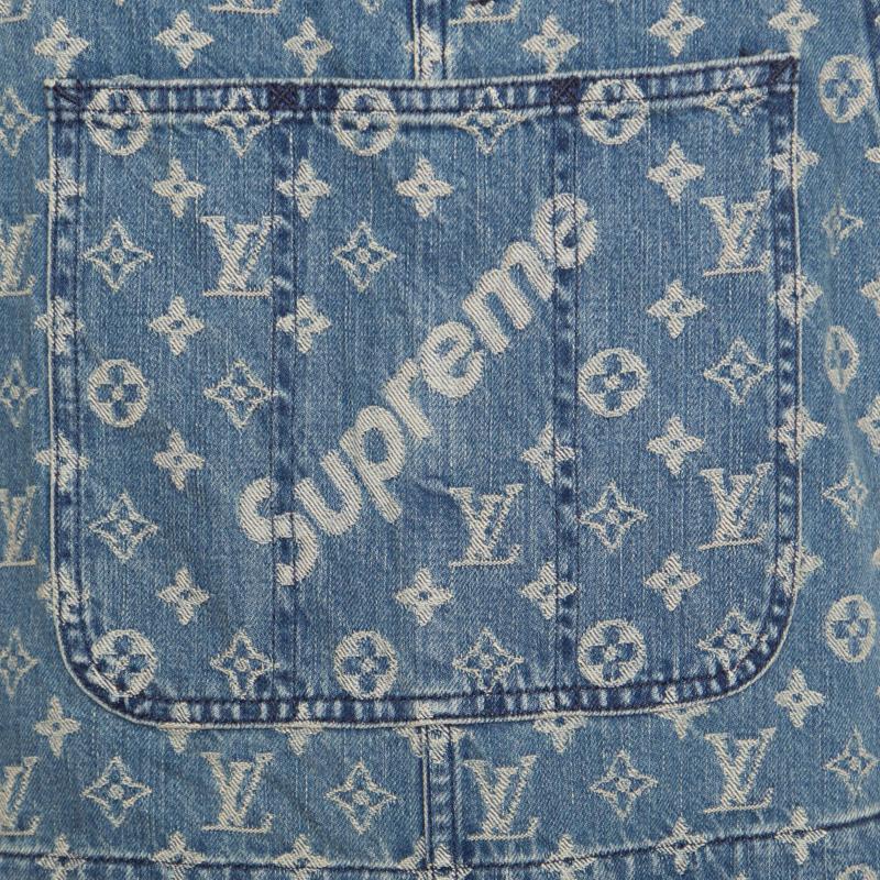 Gray Louis Vuitton x Supreme Indigo Monogram Jacquard Denim Overalls XS For Sale