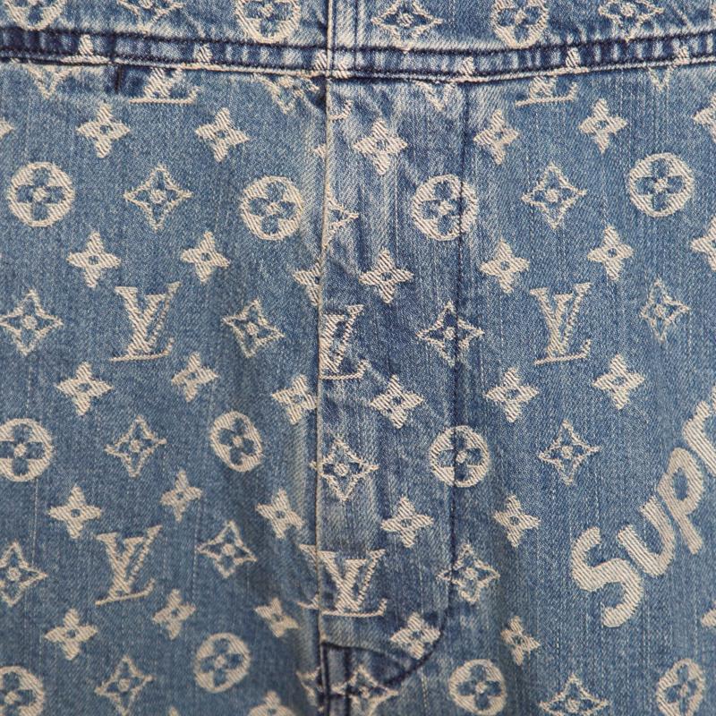 Louis Vuitton x Supreme Indigo Monogram Jacquard Denim Overalls XS In Good Condition For Sale In Dubai, Al Qouz 2